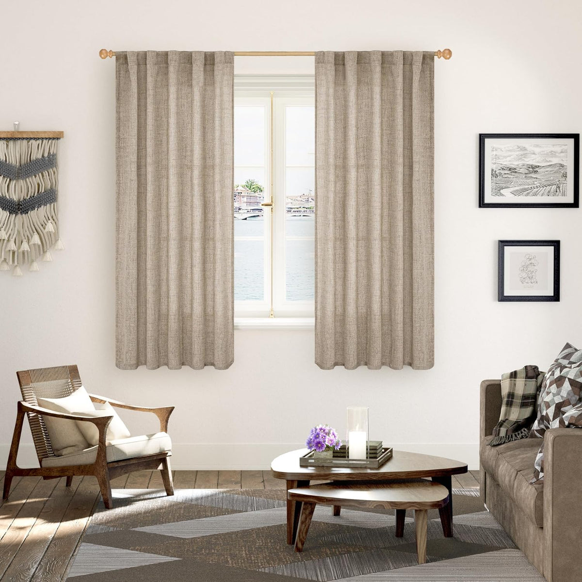 YoungsTex Dark Oatmeal Linen Curtains 63 Inch Length for Living Room, Light Filtering Semi Sheer