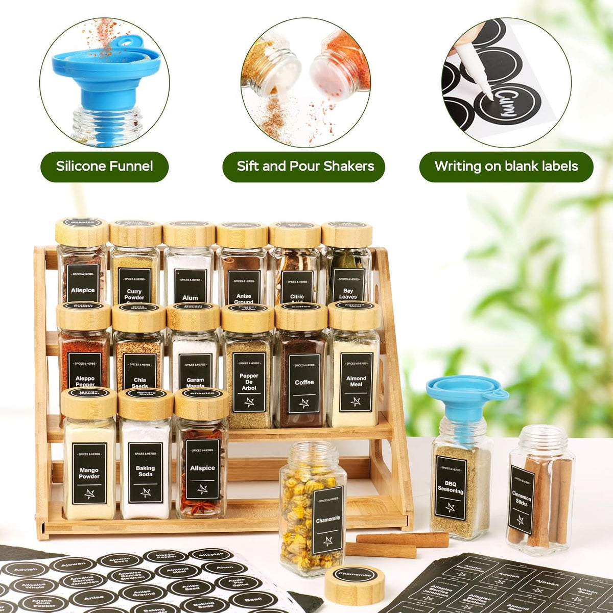 3 Tier Bamboo Spice Rack Organizer with 18 Spice Jars, 780 Labels, Wood Shelf, Chalk Marker and