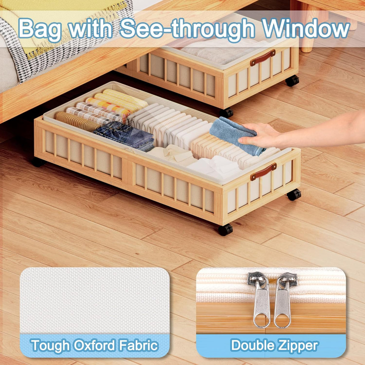 efluky 2-Pack Bamboo Under Bed Storage with Wheels, Rolling UnderBed Storage Basket with Large Dust