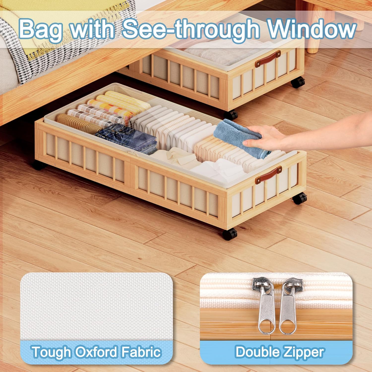 efluky 2-Pack Bamboo Under Bed Storage with Wheels, Rolling UnderBed Storage Basket with Large Dust