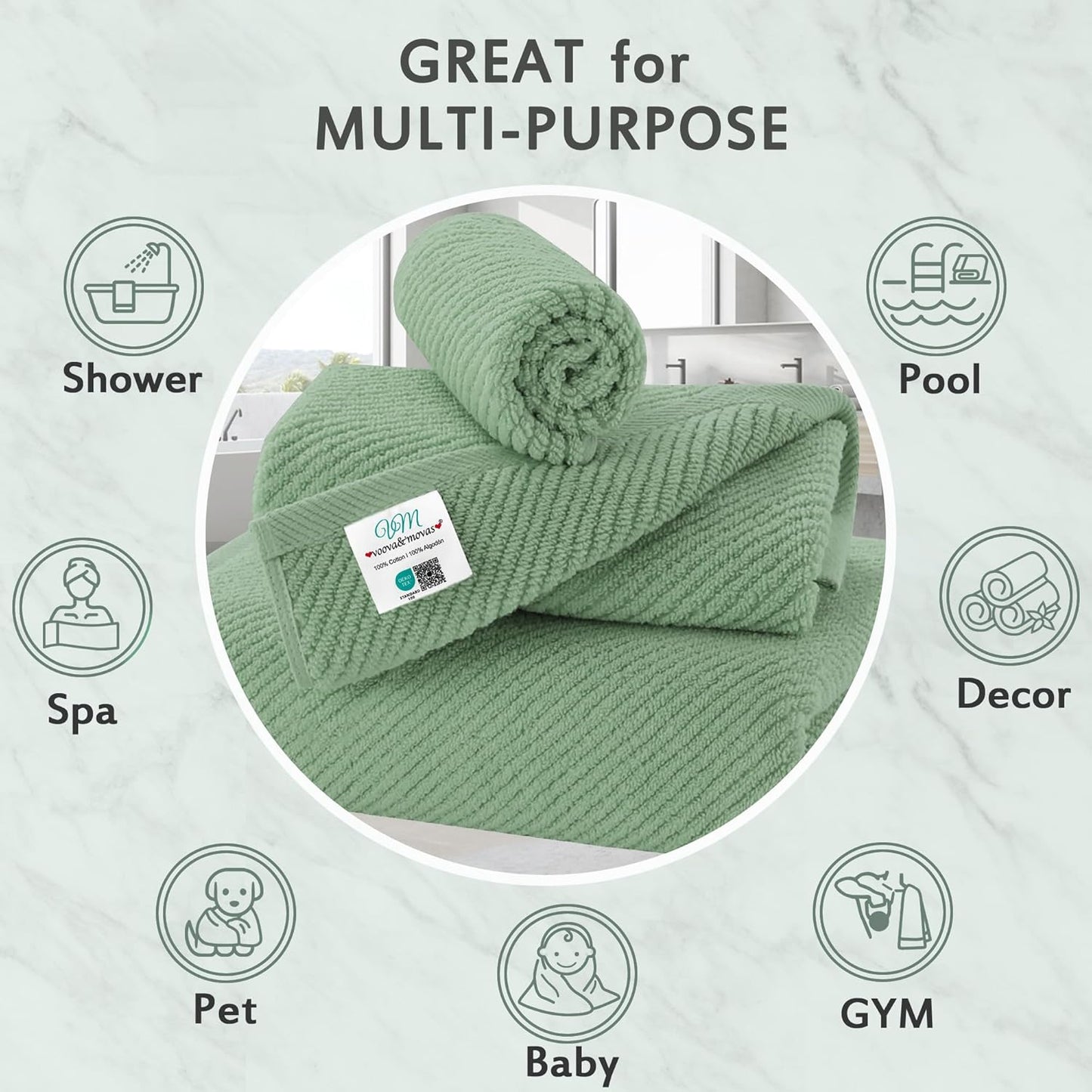VOOVA & MOVAS Green Towels for Bathroom, 100% Cotton | Quick Dry | Soft | Thick, 3 Piece Towel Set