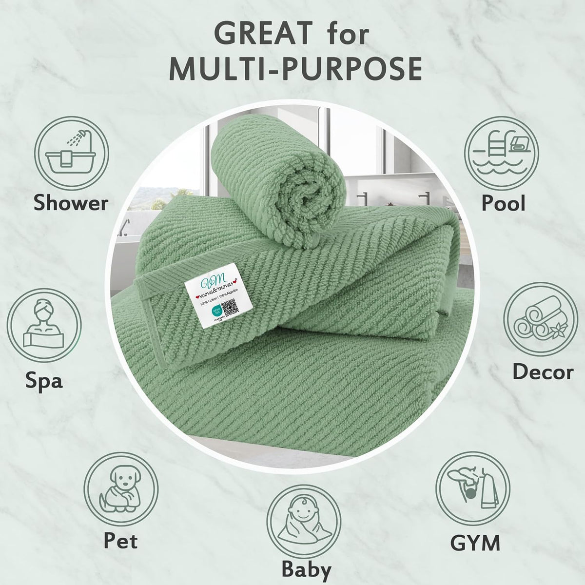 VOOVA & MOVAS Green Towels for Bathroom, 100% Cotton | Quick Dry | Soft | Thick, 3 Piece Towel Set