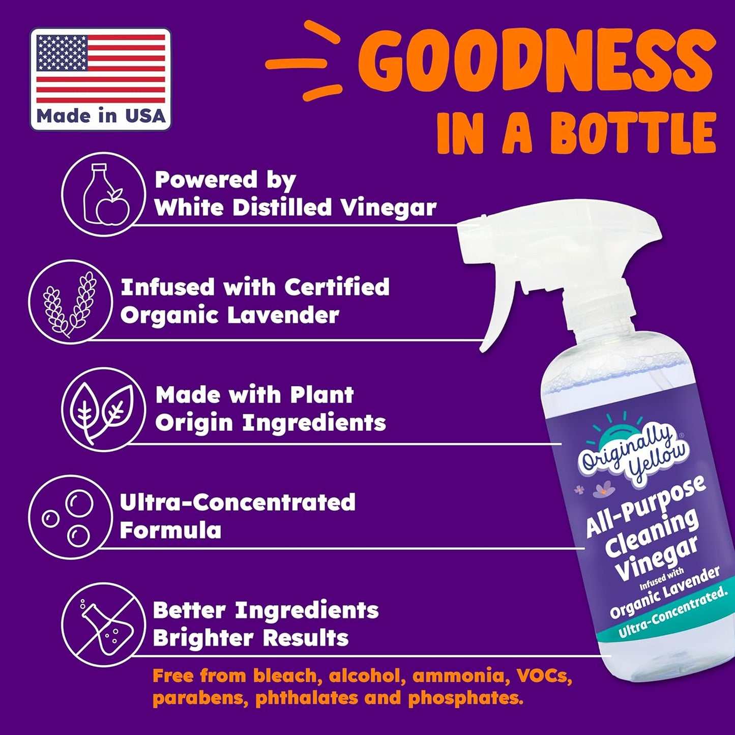 Originally Yellow Lavender Vinegar All Purpose Cleaning Spray | Distilled Cleaning Vinegar For
