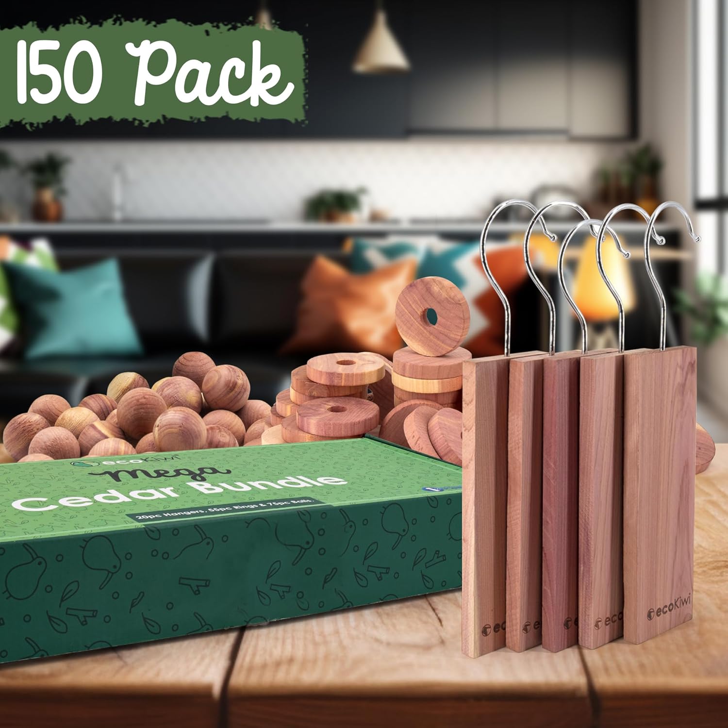 ecoKiwi Cedar Blocks for Clothes Storage Mega Bundle Box - Cedar Hangers x20, Balls x75 & Rings