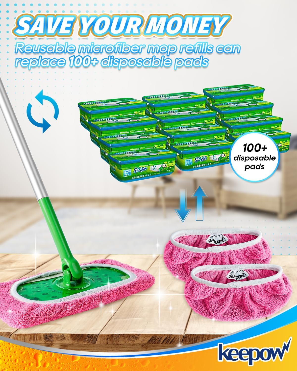 KEEPOW 6 Pack Reusable Mop Pads Compatible with Swiffer Sweeper, Coral Fleece Pink Washable Swiffer