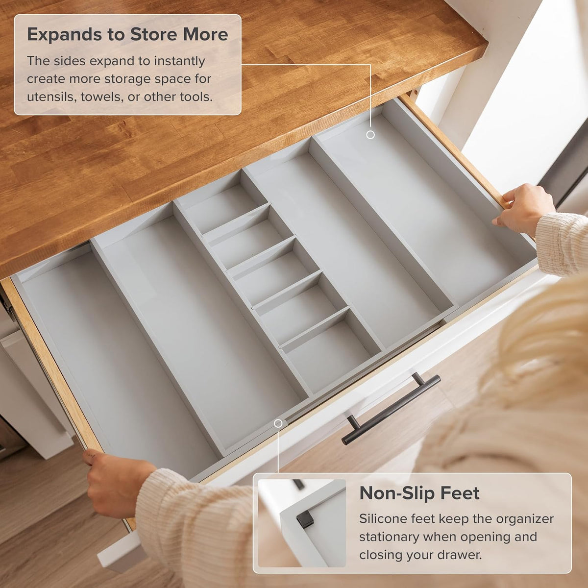KitchenEdge Adjustable Kitchen Drawer Organizer for Utensils and Junk, Food-Safe Contract Grade