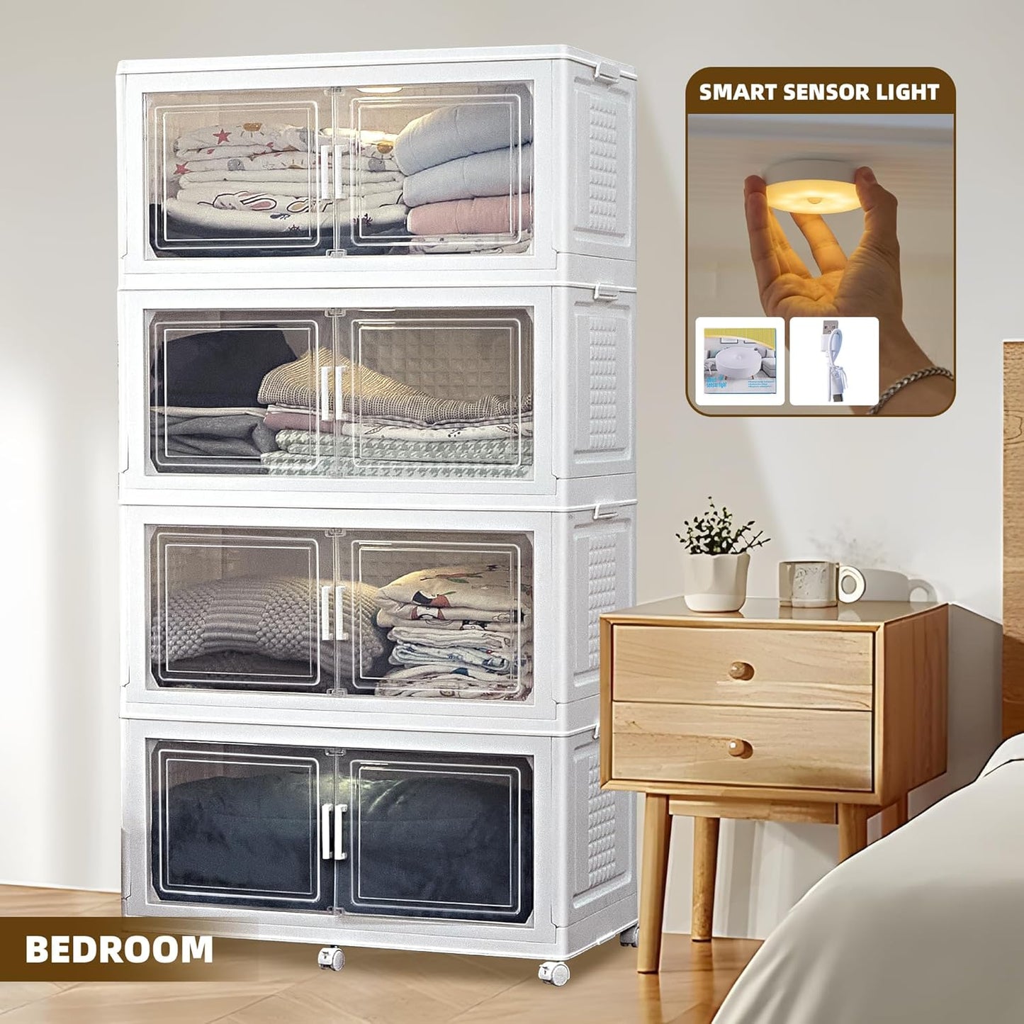 752QT/188Gal 4 Stackable Storage Bins with Lid and 8 doors, Motion Sensor Lights in Cabinets, Large