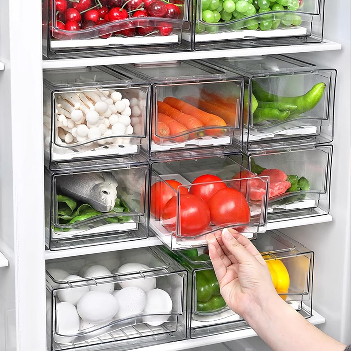 2 Pack Large Capacity Fruit Storage Containers for Fridge with Drain Board, Stackable Refrigerator