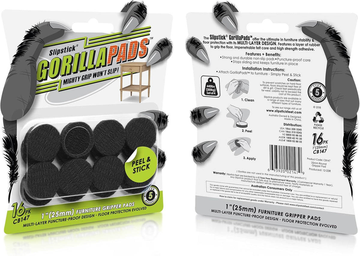 Slipstick GorillaPads CB147 Non Slip Furniture Pads/Gripper Feet (Set of 16) Self Adhesive Rubber