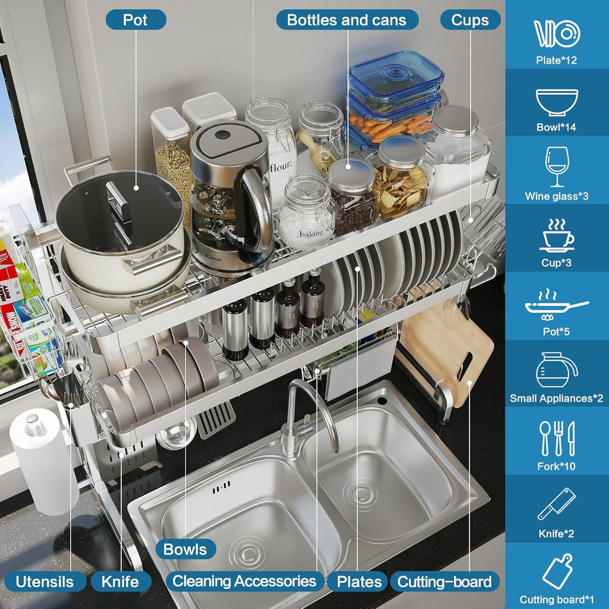 Over The Sink Dish Drying Rack,3 Tier Adjustable Length Full Stainless Steel Large Storage Kitchen