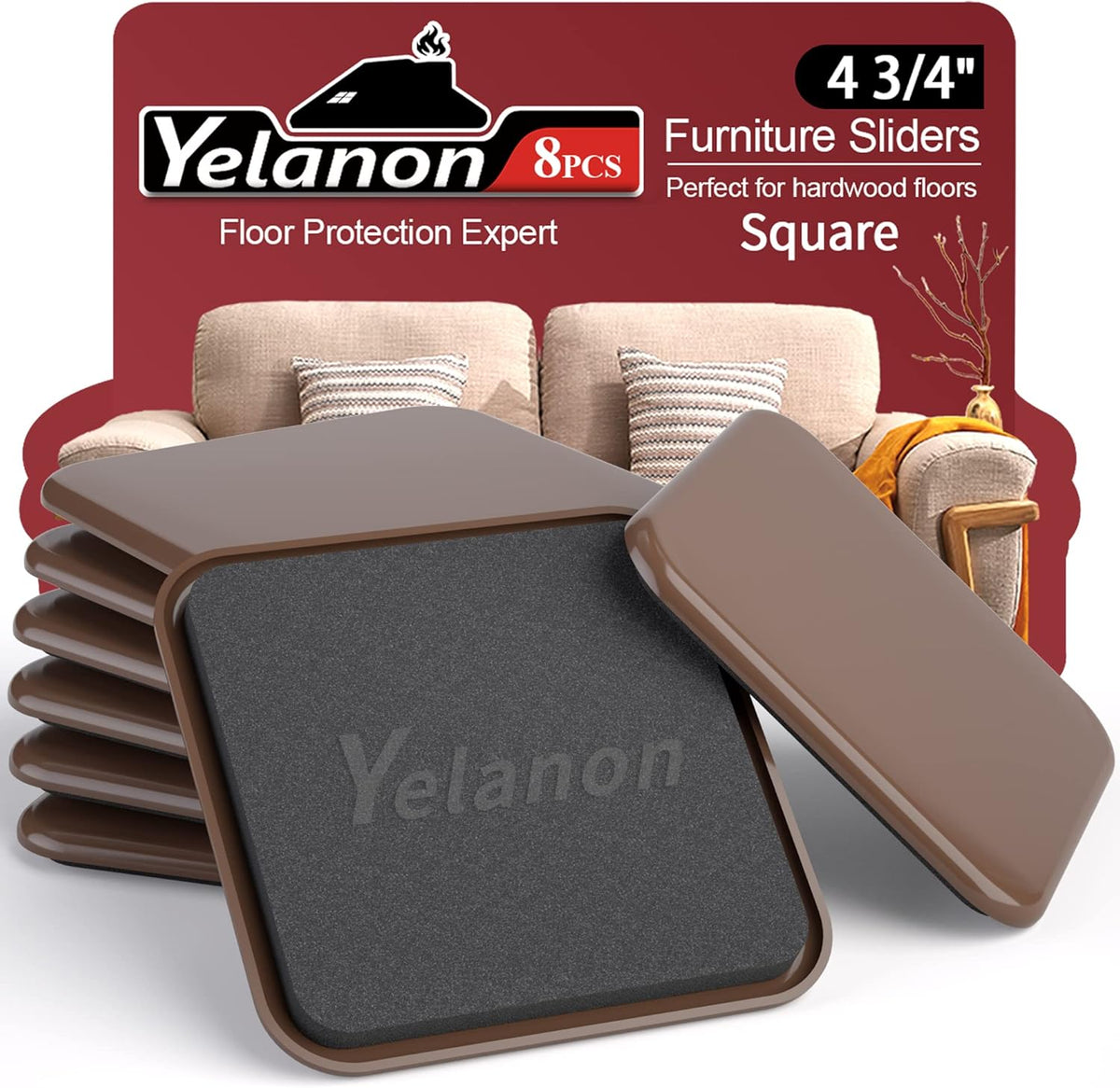Furniture Sliders, 8 pcs-4 3/4” Square Brown Furniture Sliders for Carpet, Heavy Duty Furniture