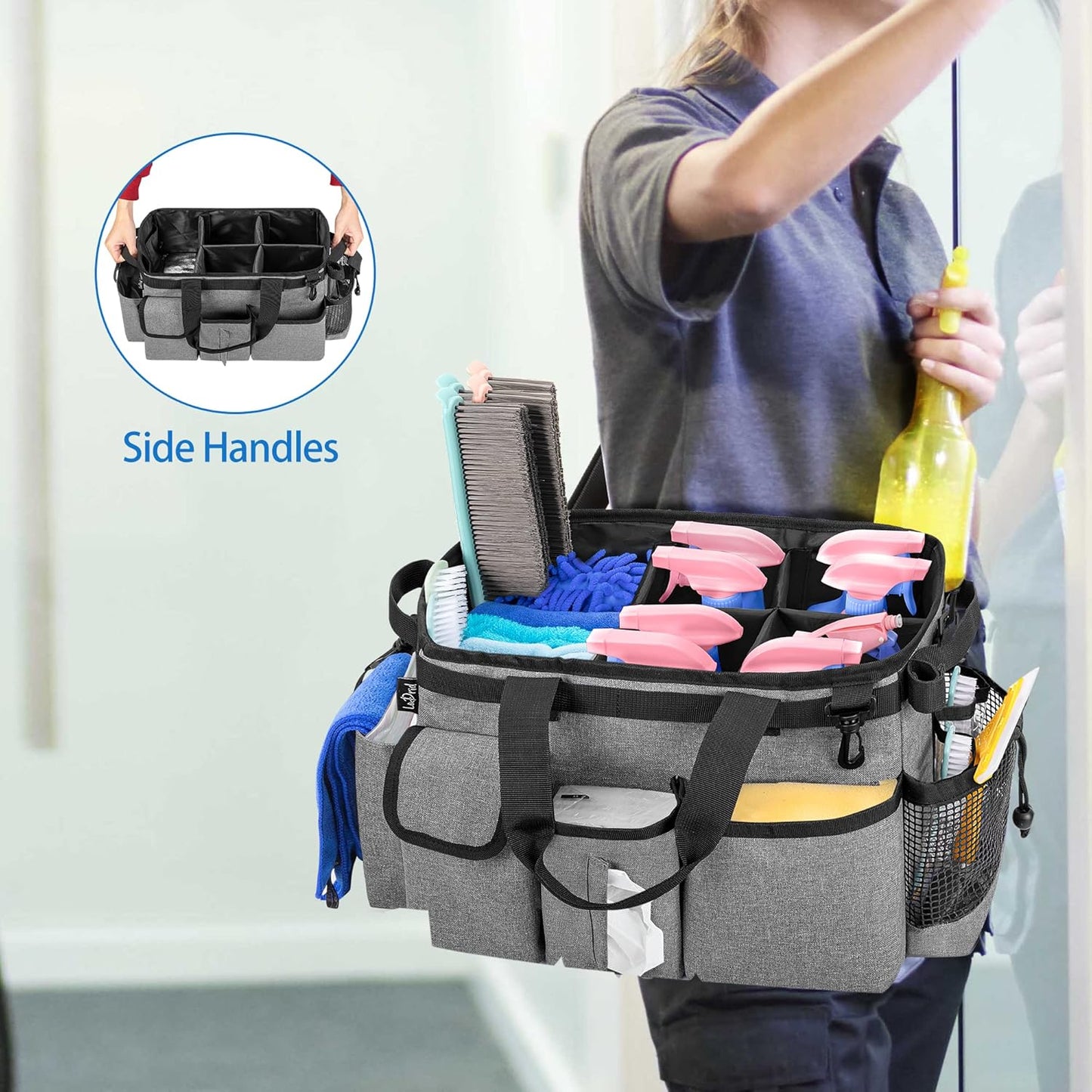 LoDrid Large Wearable Cleaning Caddy Bag with Detachable Divider, Cleaning Organizer with Handles