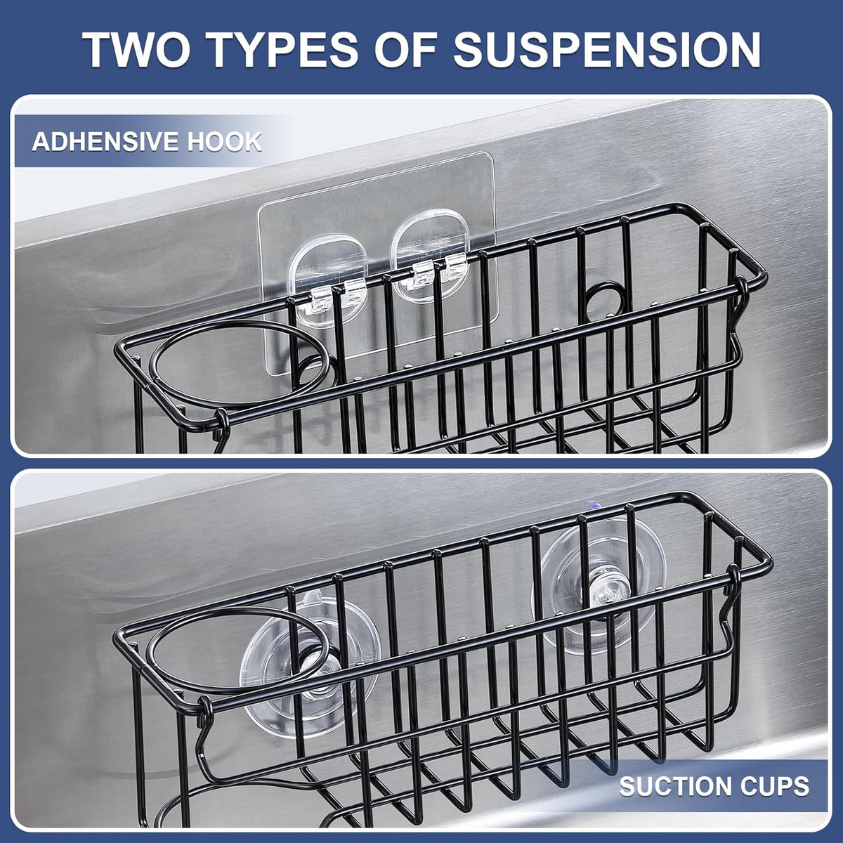 3-In-1 Sponge Holder for Kitchen Sink, 2 Type Suspension Options (Suction Cups & Adhesive Hook)