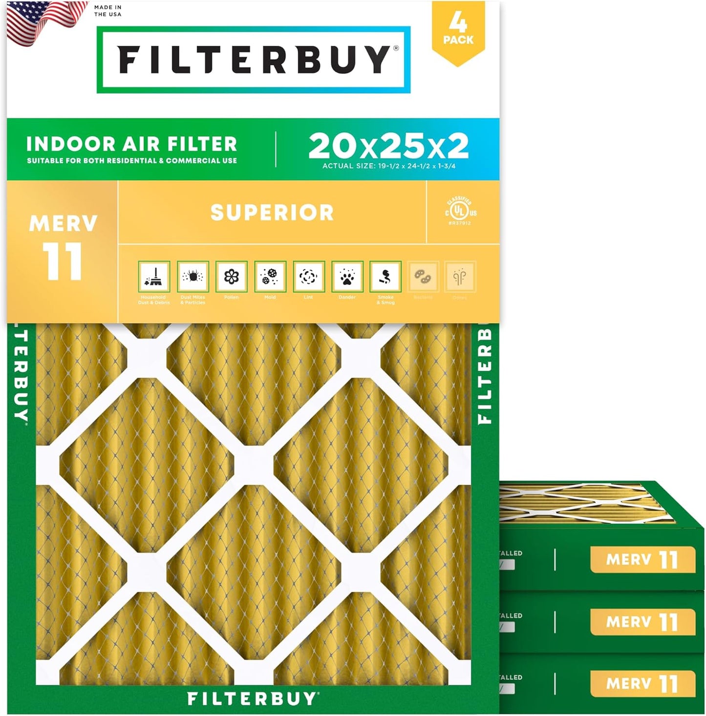 Filterbuy 20x25x2 Air Filter MERV 11 (MPR 1200) Allergen Defense Replacement (4-Pack)