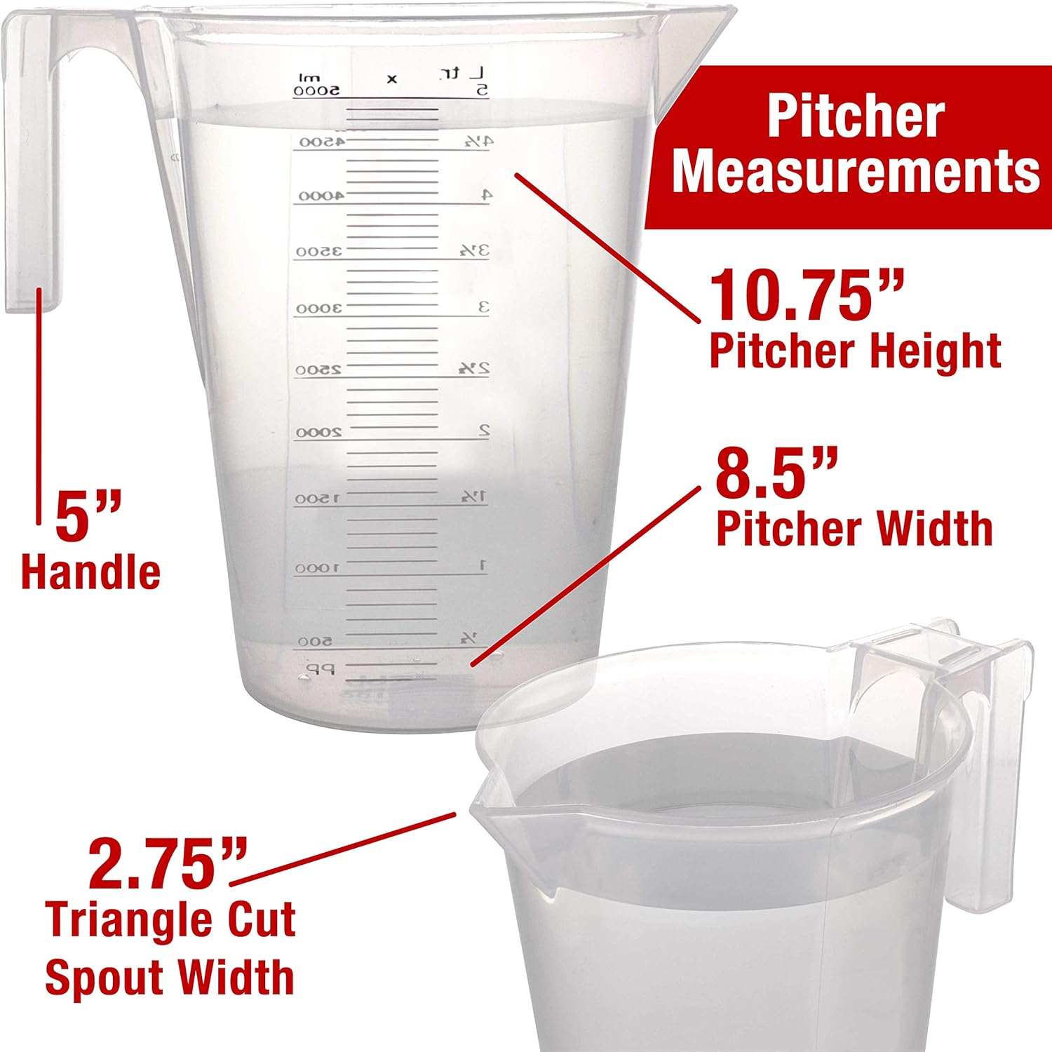TCP Global 5 Liter (5000ml) Gallon Plastic Graduated Measuring and Mixing Pitcher (Pack of 3)