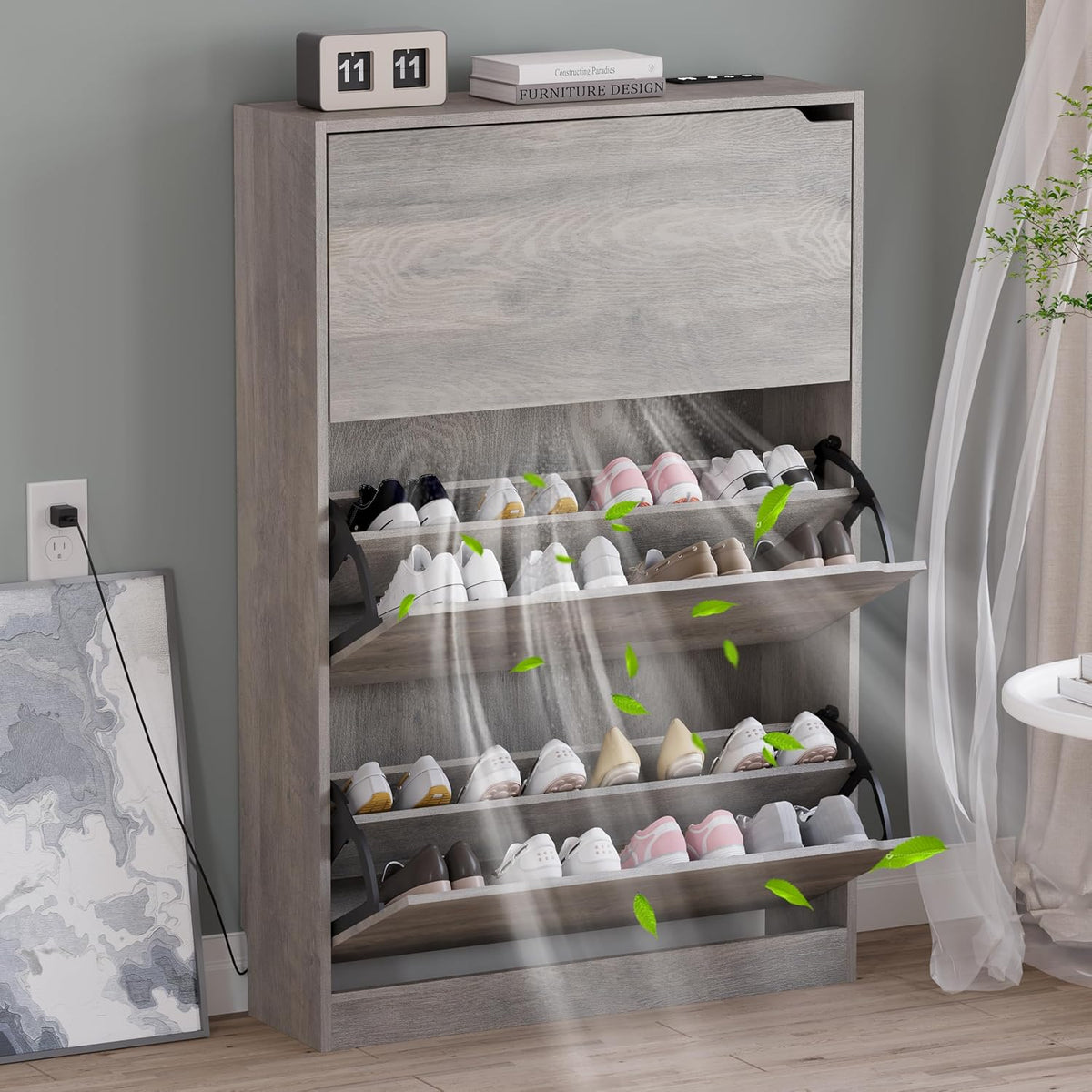 Shoe Cabinet with Odor Control and Back Panels, Deodorizing Slim 3-Flip Shoe Storage Cabinet for