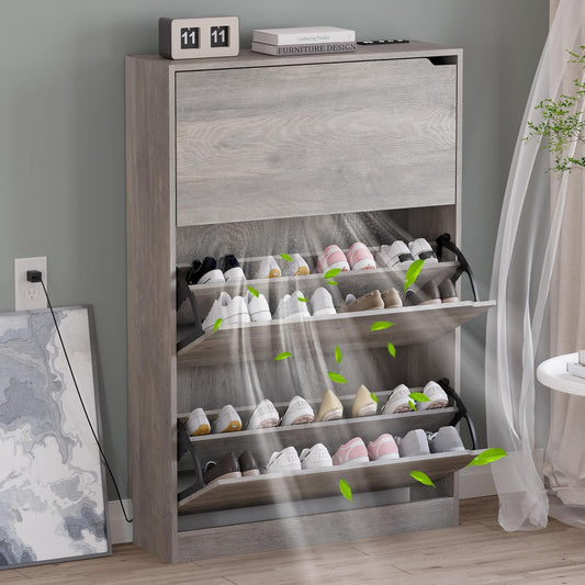 Shoe Cabinet with Odor Control and Back Panels, Deodorizing Slim 3-Flip Shoe Storage Cabinet for
