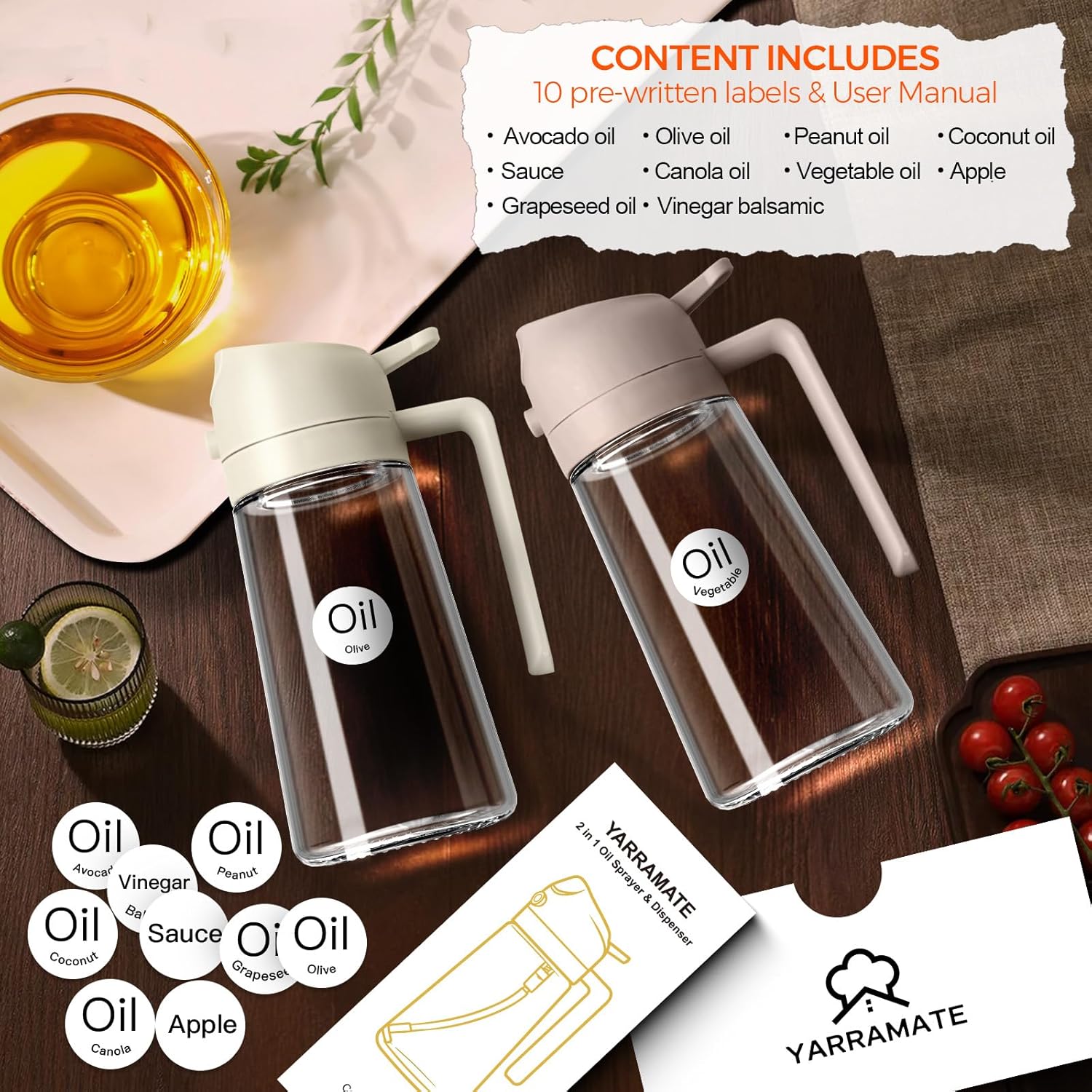 YARRAMATE 16oz/470ml Glass Olive Oil Sprayer for Cooking with Stickers, 2 in 1 Oil Dispenser for