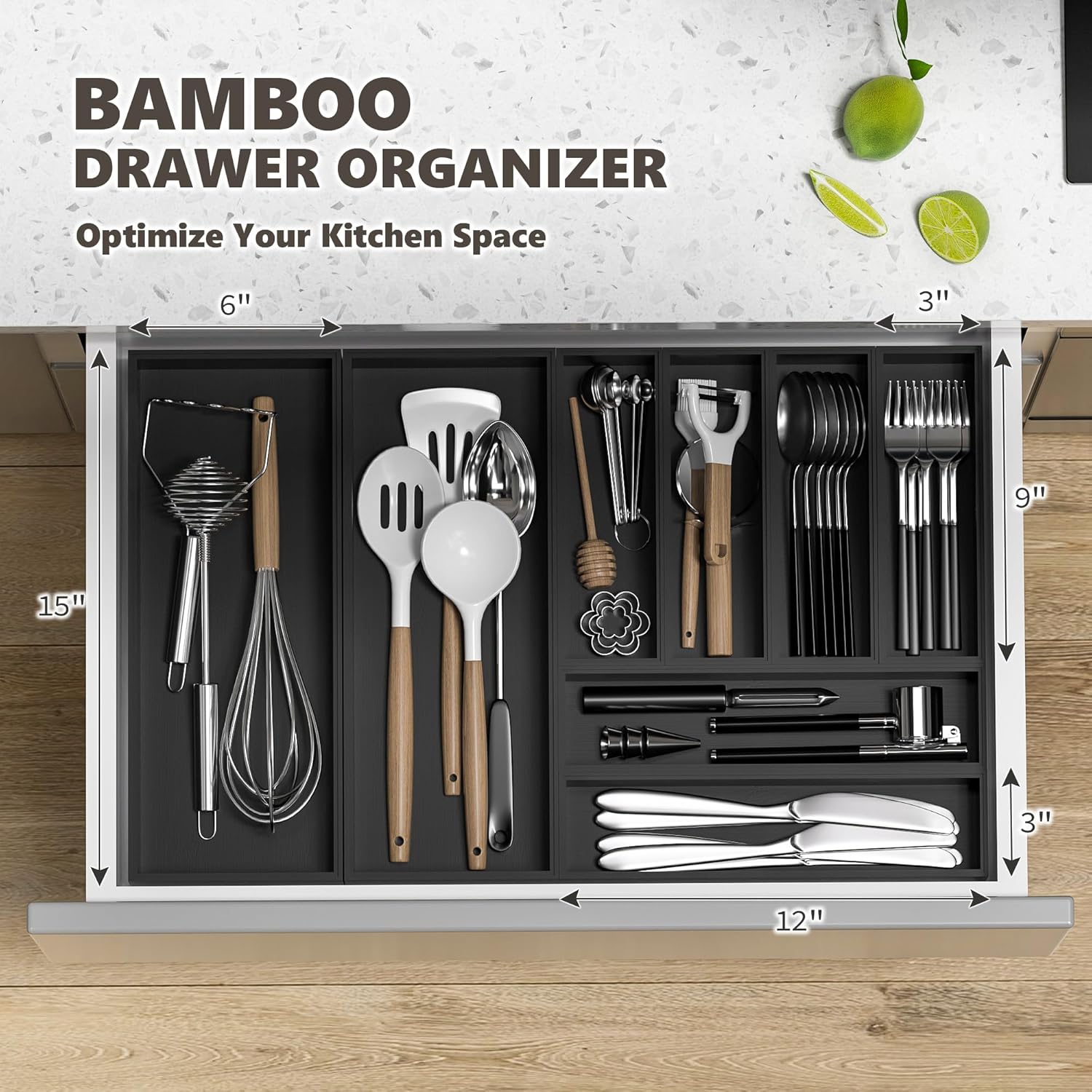 Kitchen Drawer Organizer Bins, Black Bamboo Drawer Organizer Stackable for Silverware, Utensils