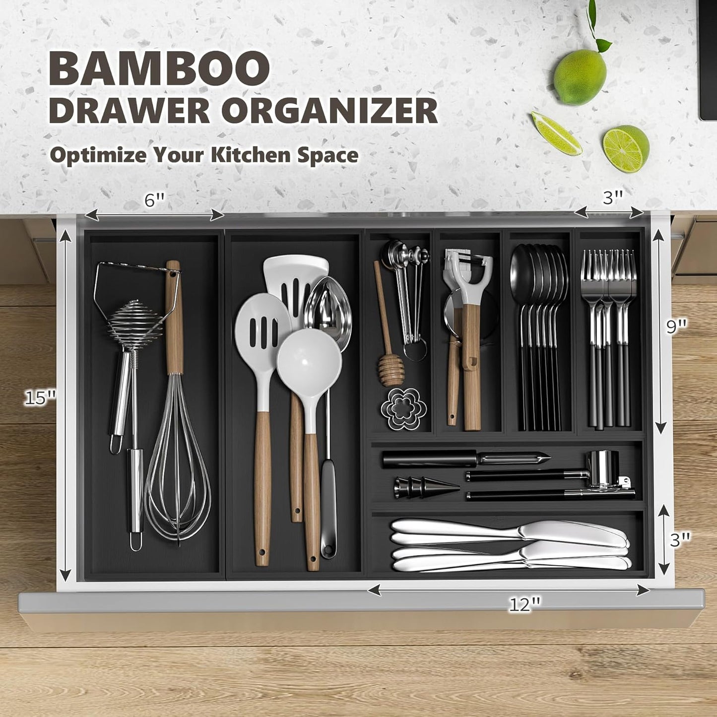 Kitchen Drawer Organizer Tray, Stackable Black Bamboo Drawer Organizer for Large Silverware