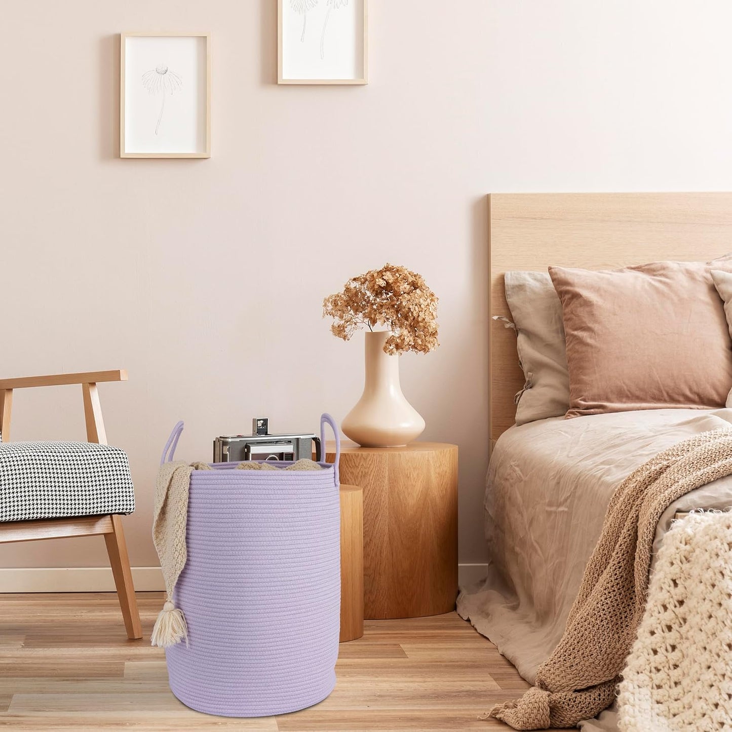 Cotton Rope Laundry Basket Hamper for Clothes Woven Storage Basket for Living Room Bedroom Boho