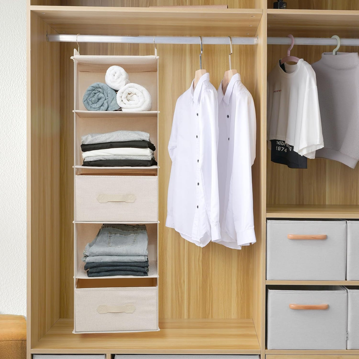 Large Hanging Sweater Organizer for Closet,Collapsible 6-Shelf Hanging Closet Shelves with Drawers