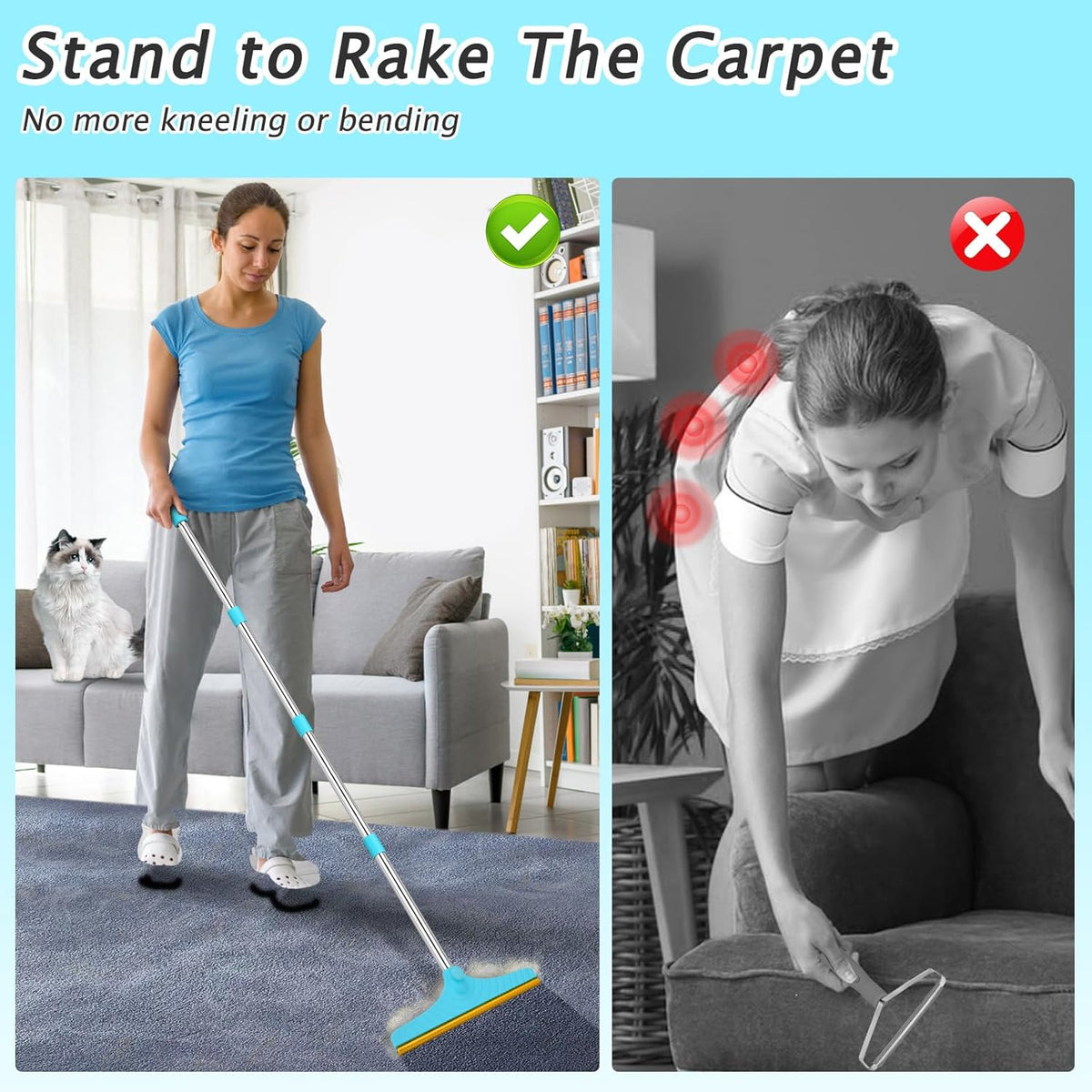 Carpet Rake for Pet Hair Removal - Reusable Pet Hair Remover, 60” Adjustable Long Handle Cat Dog