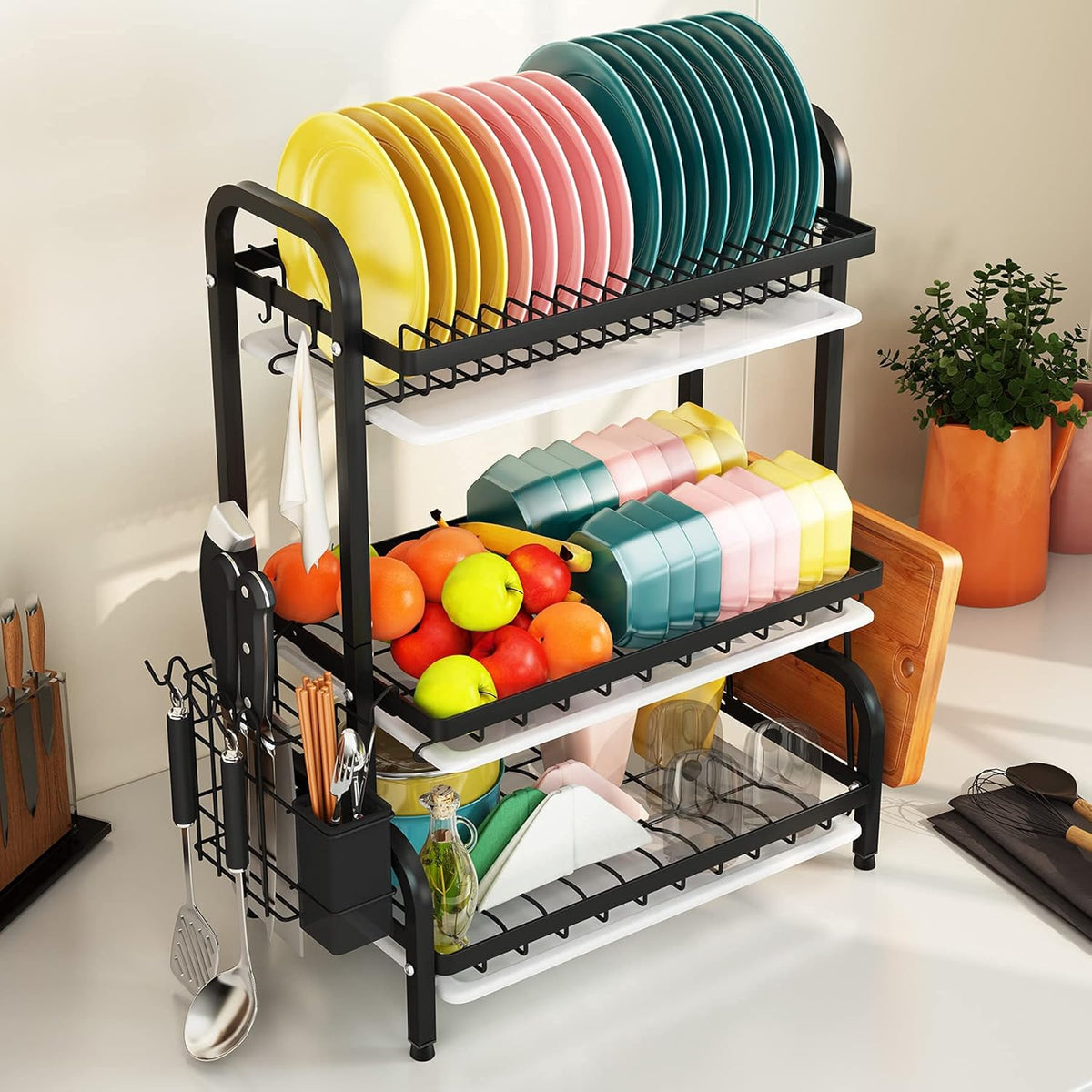 1Easylife Drying Rack, Metal 3-Tier Large Capacity Dish Rack with Utensil Holder, Cutting Board