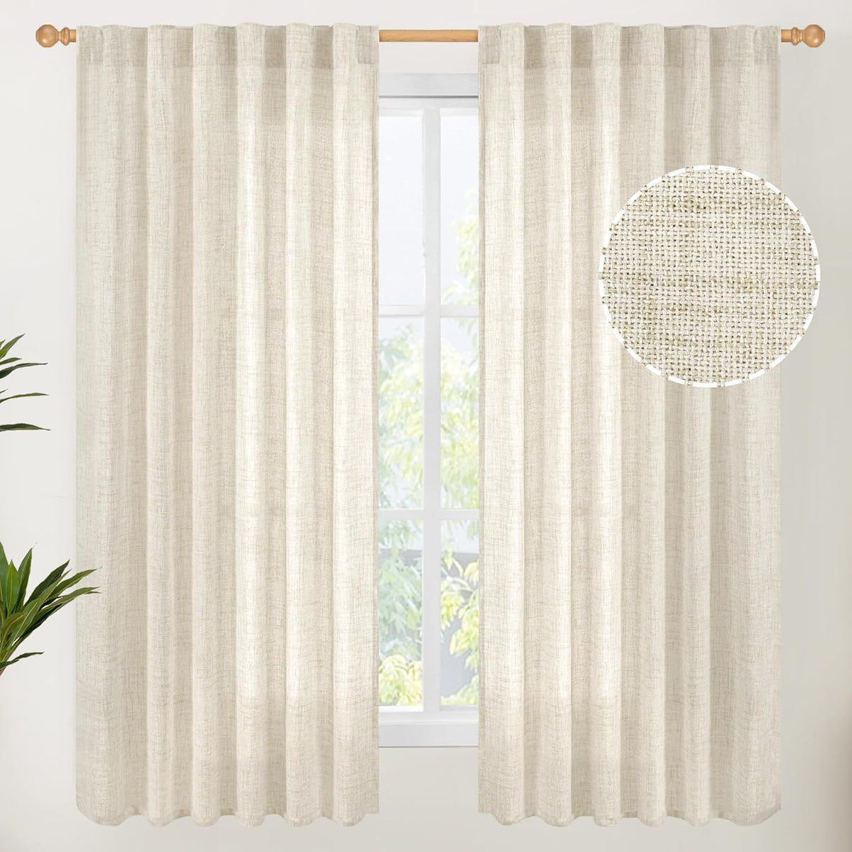 YoungsTex Boho Linen Curtains 63 Inch Length 2 Panels for Living Room - Cream Semi Sheer Window
