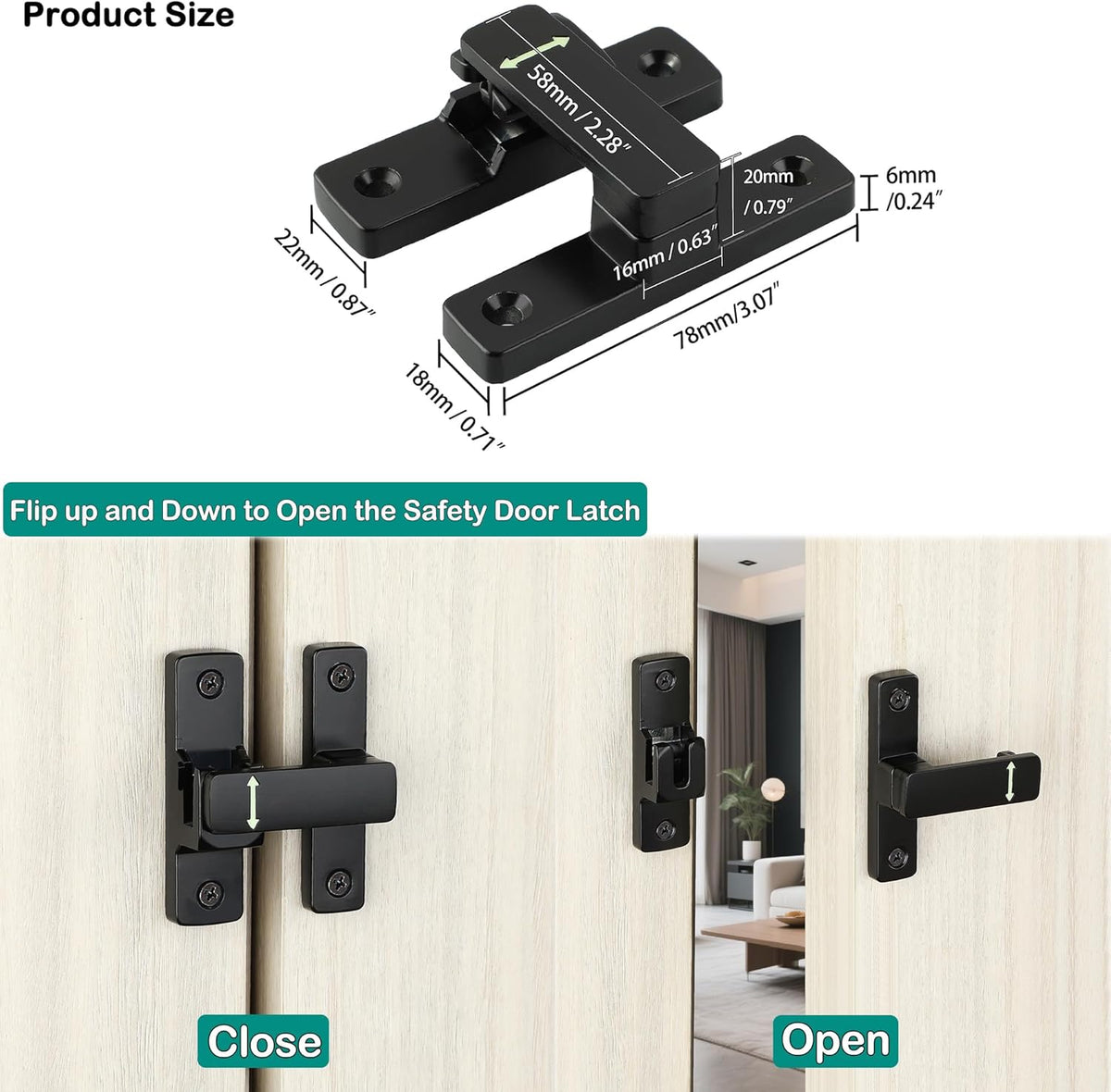 90/180 Degree Flip Latch Gate Latch, Heavy Duty Black Safety Door Lock Enhanced Security Flip Latch