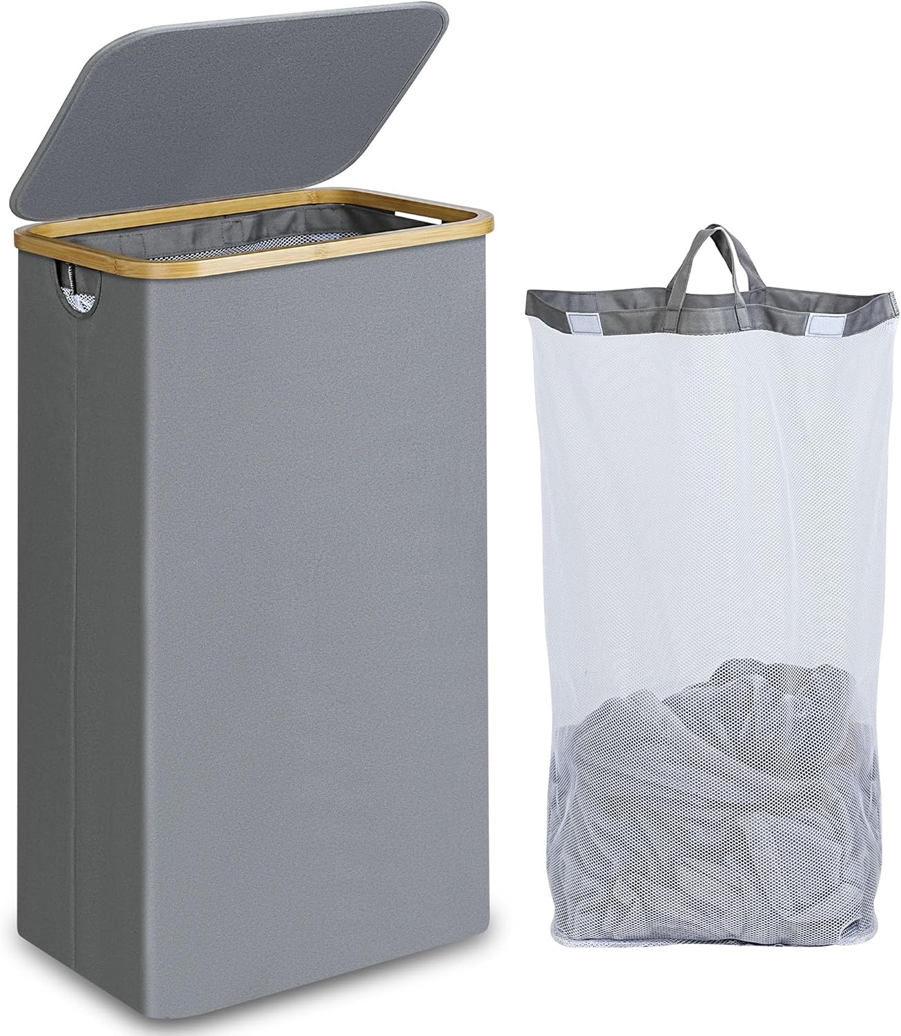 efluky Laundry Basket with Lid and Removable Bag, 100L Tall Laundry Hamper with Bamboo Handles