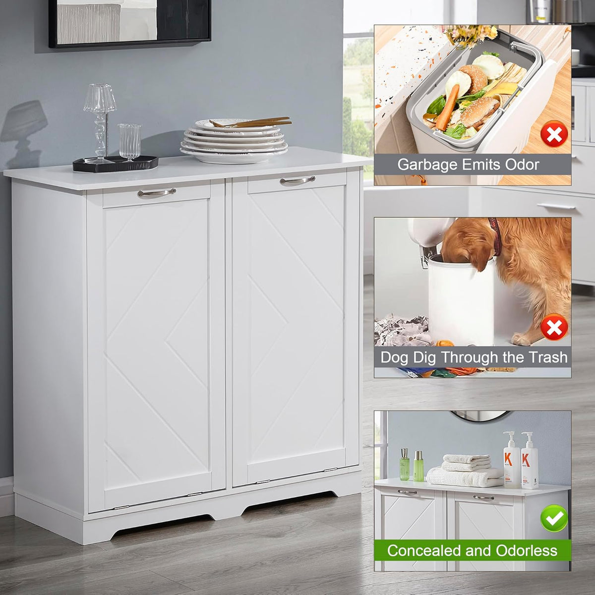 VECELO Double Tilt Out Kitchen Trash Bin Cabinet Dog Proof Garbage Can with Wood Holder Free