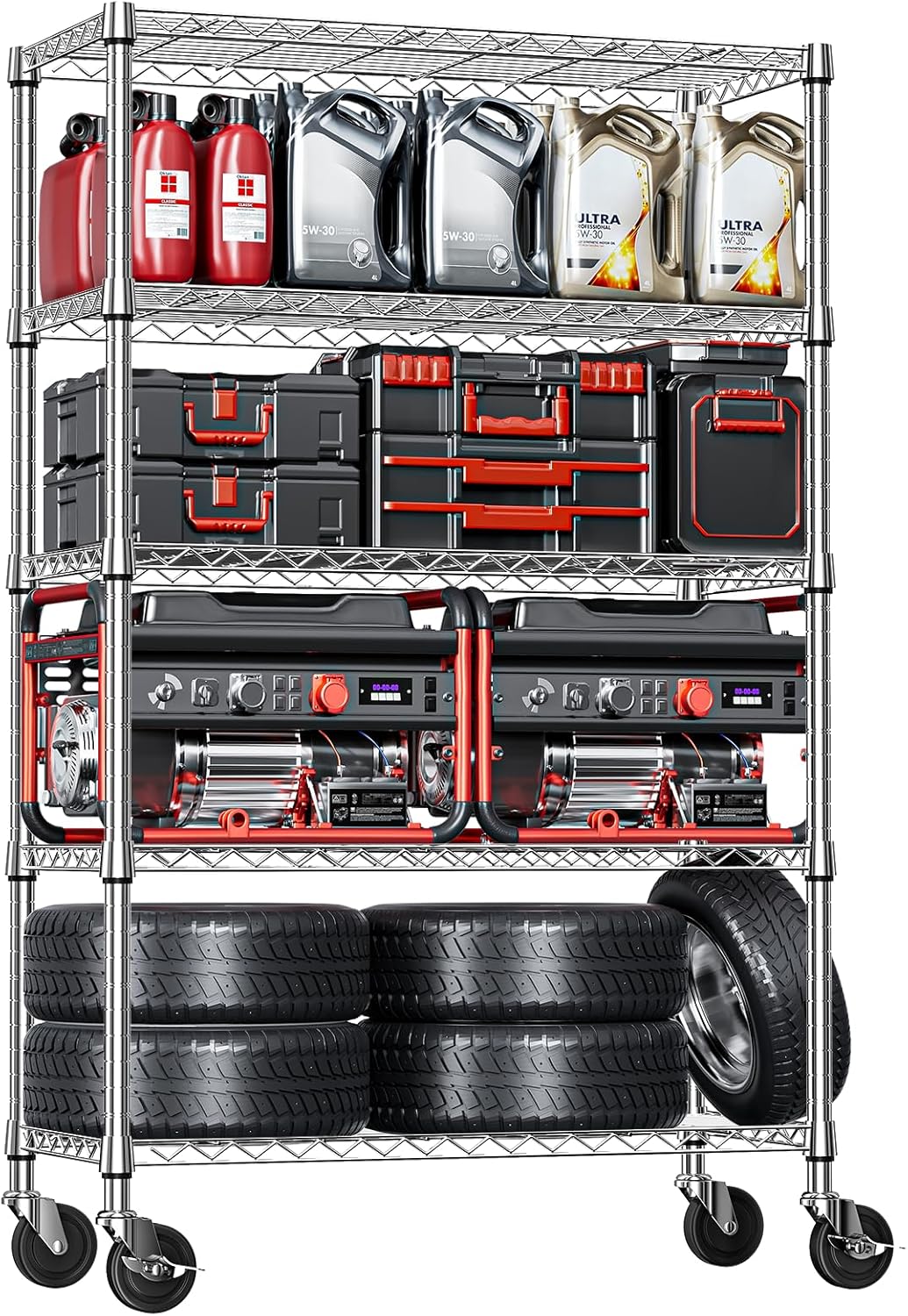 IZEUK 5-Tier Storage Shelving Unit with Wheels, Adjustable Heavy Duty Steel Wire Rack Organizer