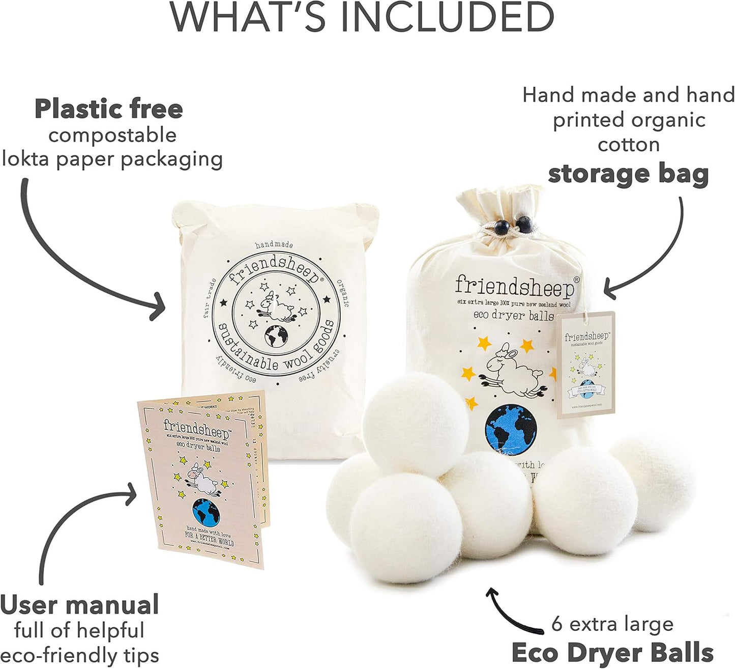 Wool Dryer Balls by Friendsheep 6 Pack XL Organic Premium Reusable Cruelty Free Handmade Fair Trade