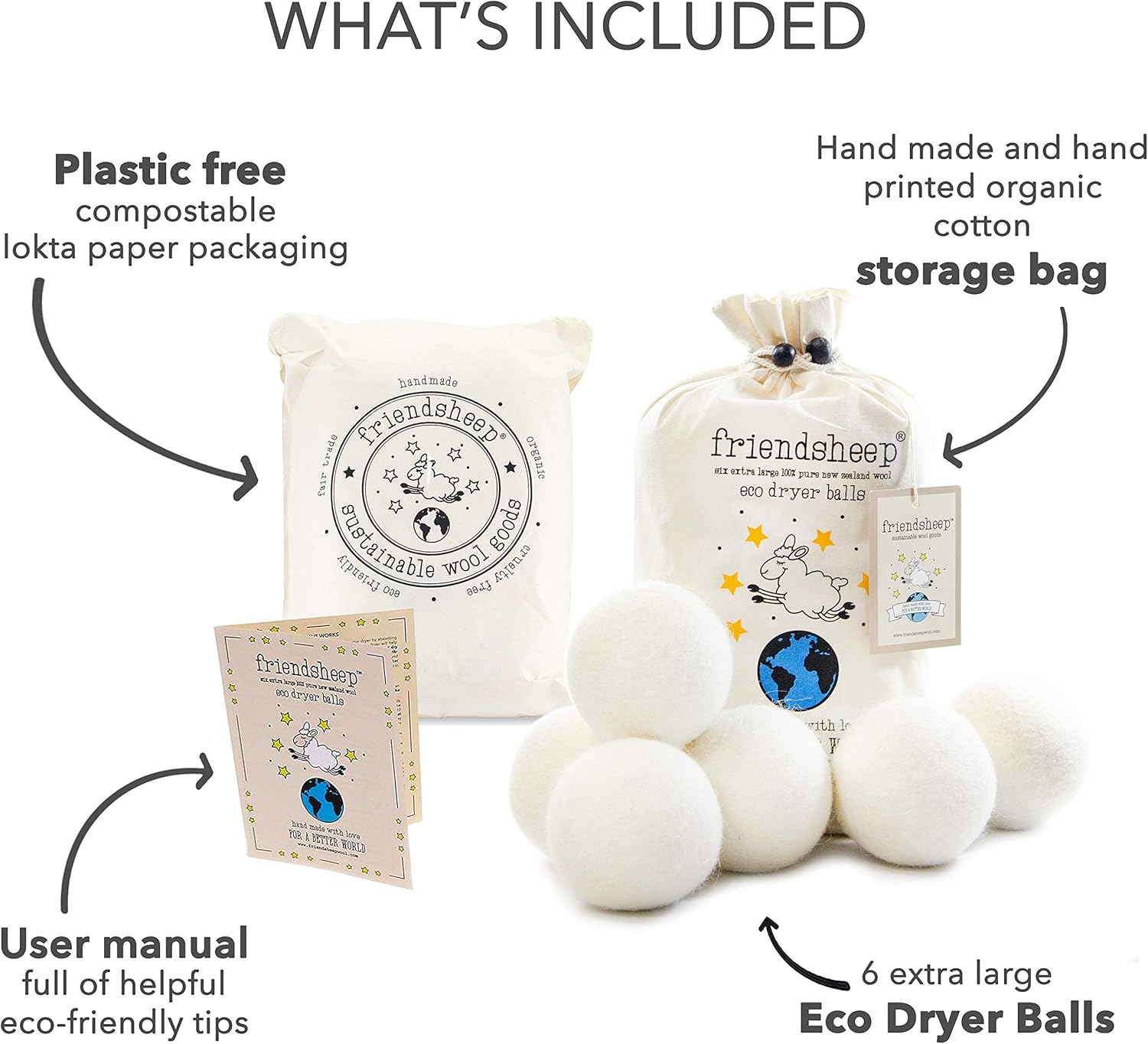 Wool Dryer Balls by Friendsheep 6 Pack XL Organic Premium Reusable Cruelty Free Handmade Fair Trade