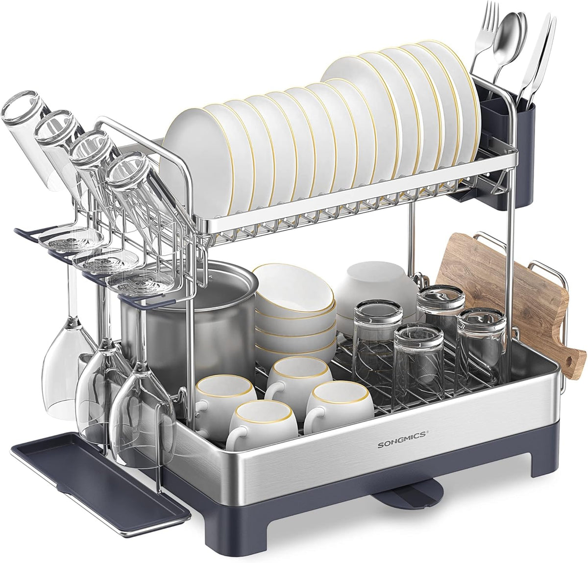 SONGMICS Dish Drying Rack - 2 Tier Dish Rack for Kitchen Counter with Rotatable and Extendable