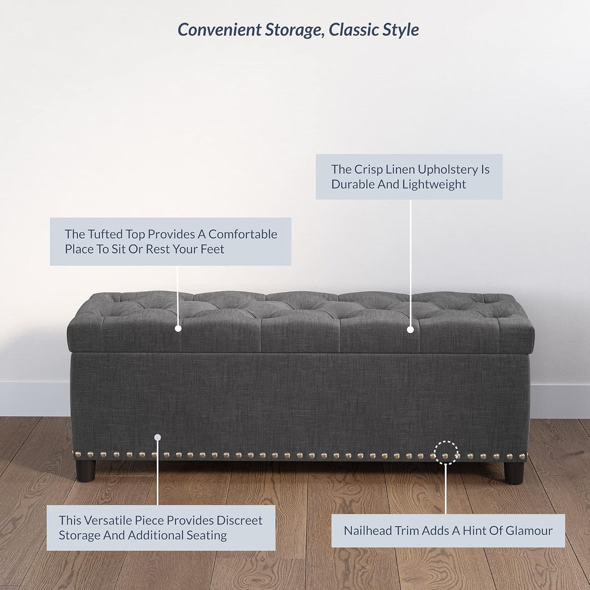 BELLEZE 47" Storage Ottoman, Storage Bench with Safety Close Hinge, Linen Button-Tufted Ottoman for
