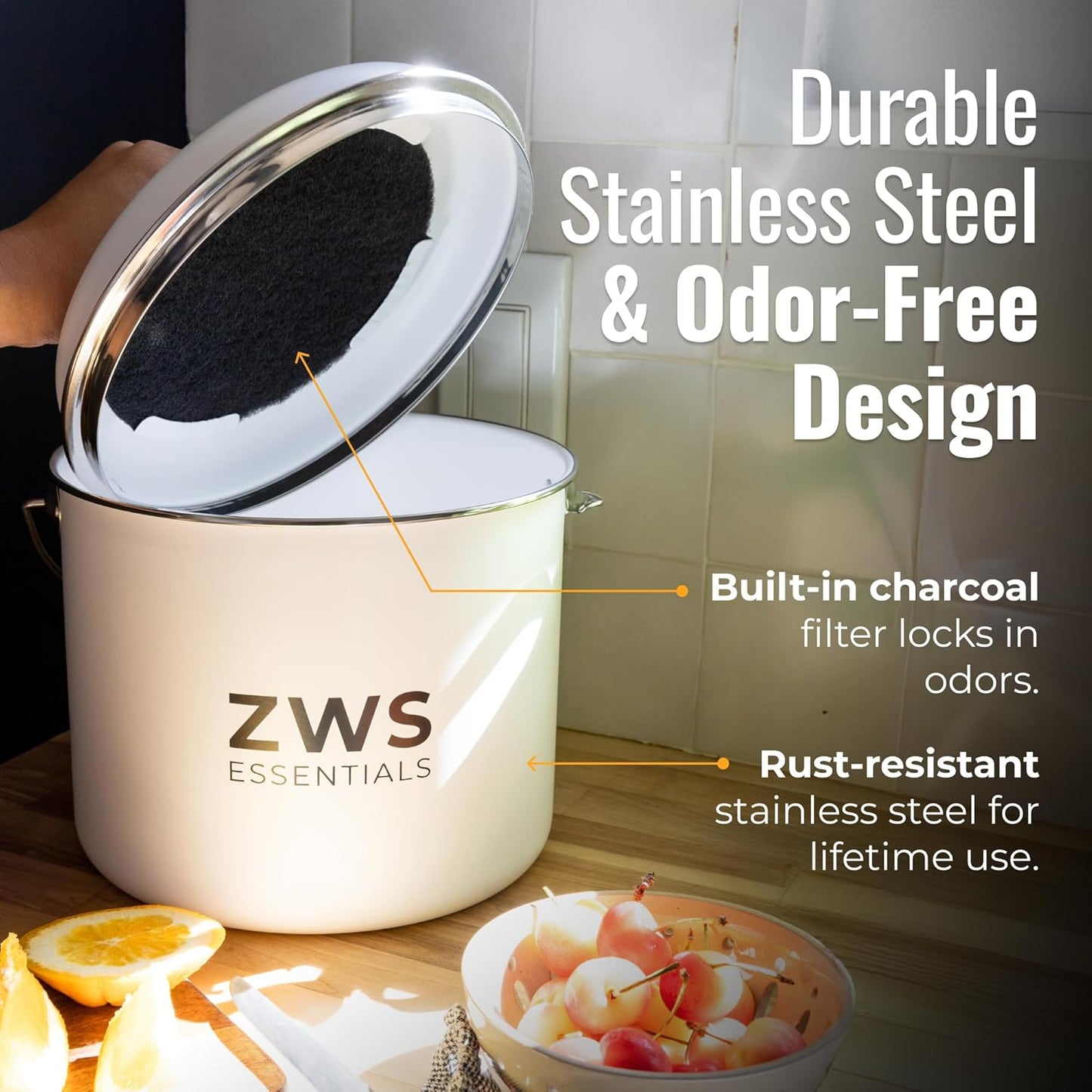 White Stainless Steel Compost Bin | 6.5L Odor-Free Kitchen Countertop Food Scrap Pail with Charcoal