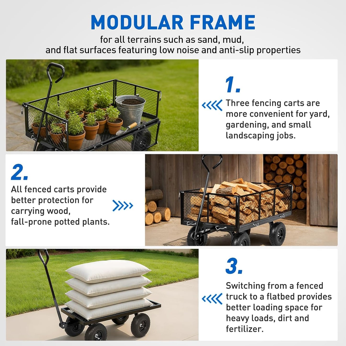 Yesker Steel Garden Carts - 1100lbs Dump Wagon with All Terrain Inflatable Wheels for Yard Lawn