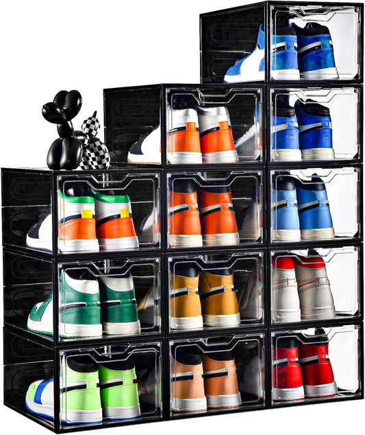12 Pack Stackable Shoe Storage Organizer with Magnetic Door, Shoe Boxes Clear Black Plastic for