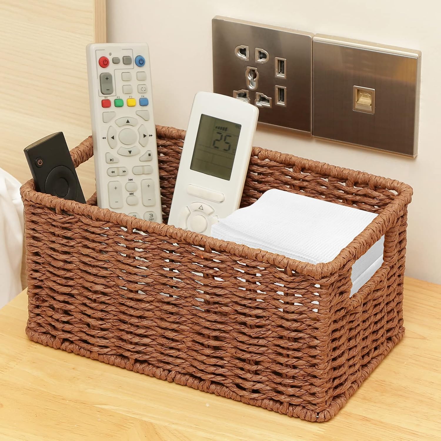 HOONEX Woven Baskets for Storage, Paper Rope Baskets with Sturdy Metal Wire Frame, Baskets for