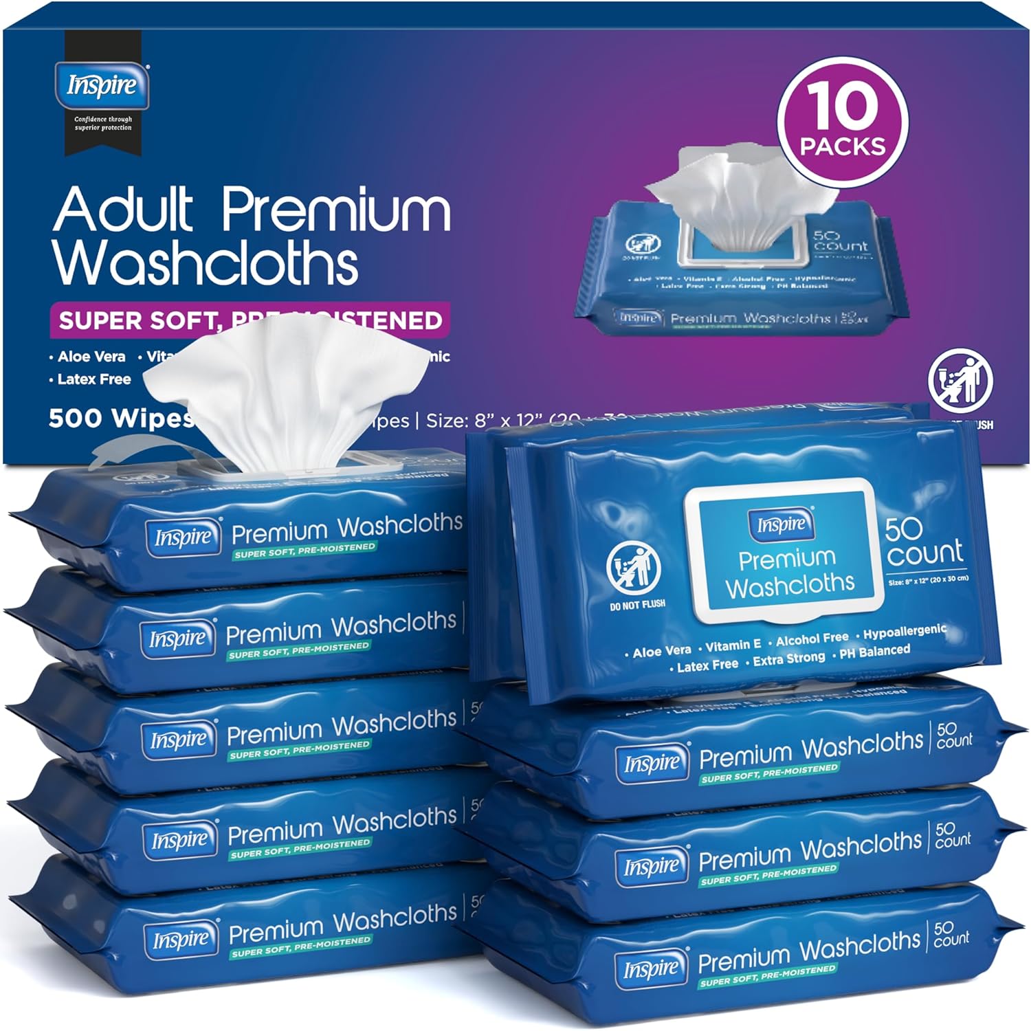 Inspire Adult Wet Wipes, Wash Cloths | Adult Wipes for Incontinence & Cleansing for Elderly, 8"x12"