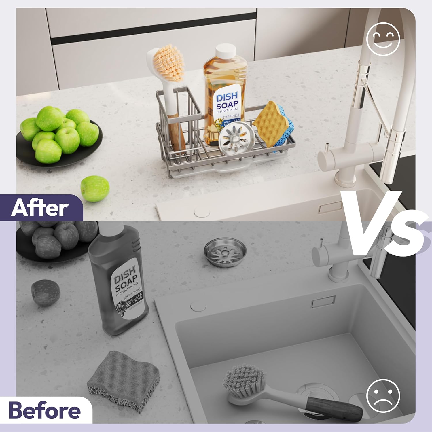 SWTYMIKI Sink Caddy Sponge Holder - Kitchen Sink Organizer with High Brush Holder for Countertop to