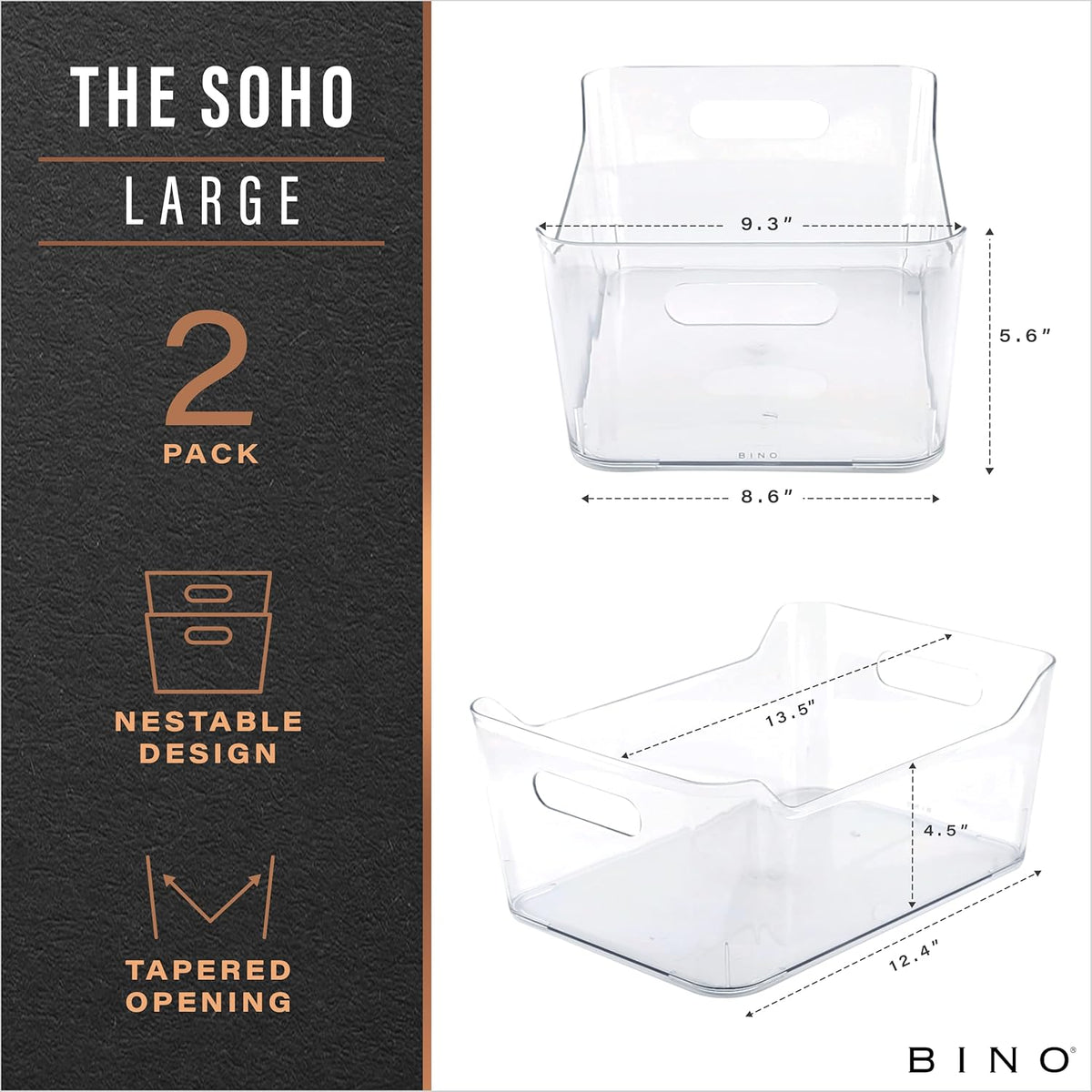 BINO | Plastic Storage Bins, Large - 2 Pack, Clear | THE SOHO COLLECTION | Pantry Organizers and