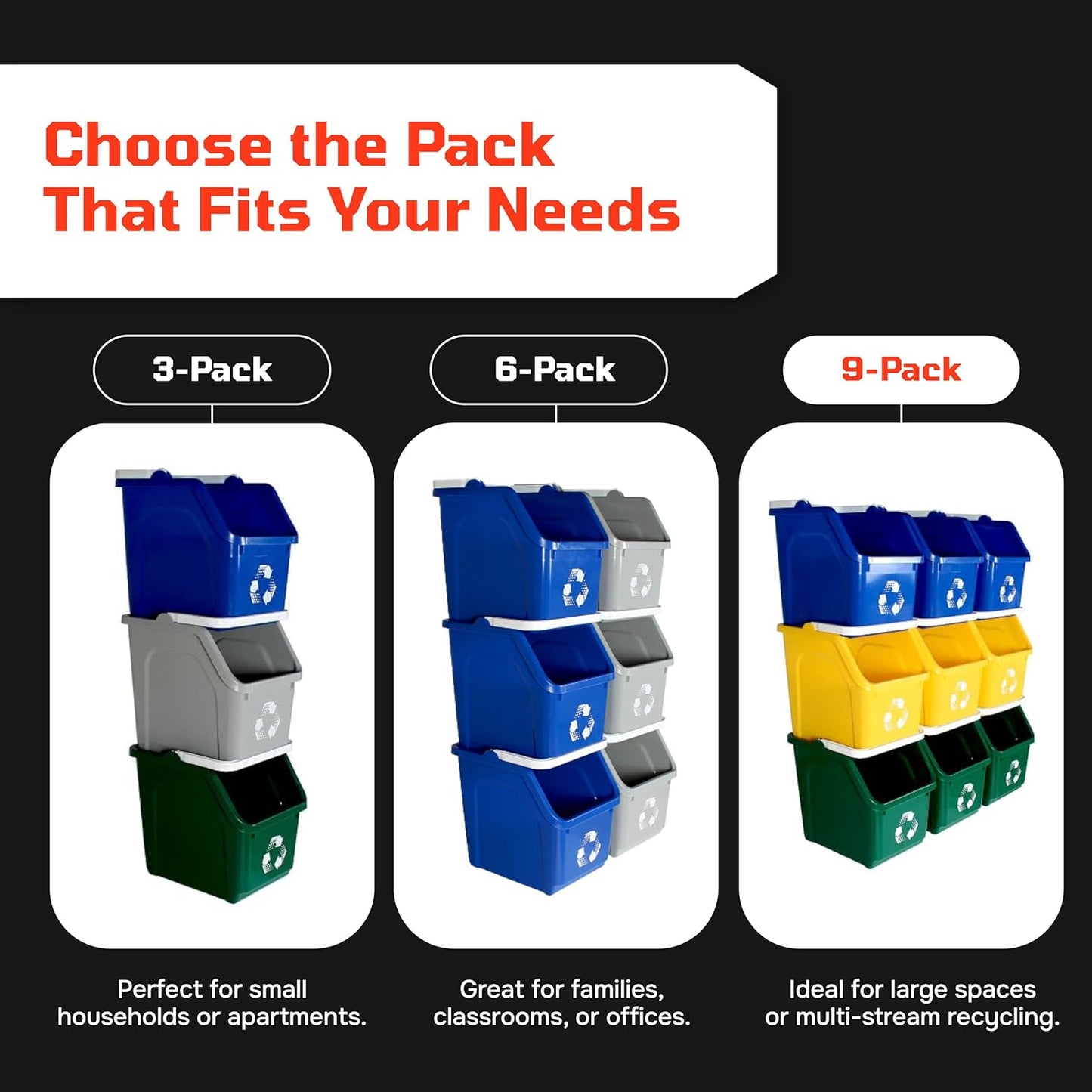 Multi Bin Recycling System with Six Stackable 6 Gallon Recycle Bins to Build Your Recycling Center