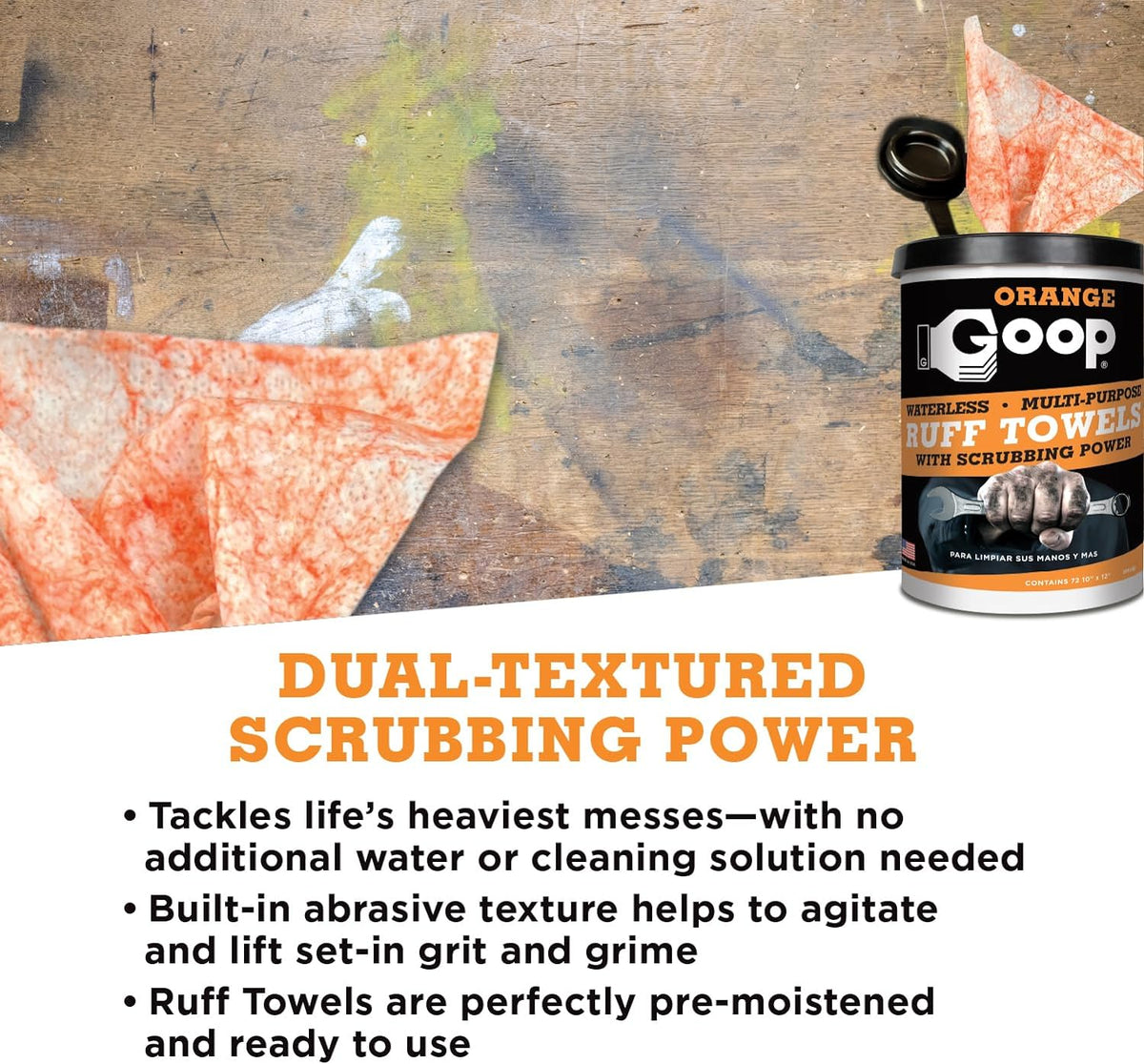 GOOP Orange Heavy Duty Ruff Towels with Scrubbing Power, 10” x 12” Dual Textured Multi-Purpose