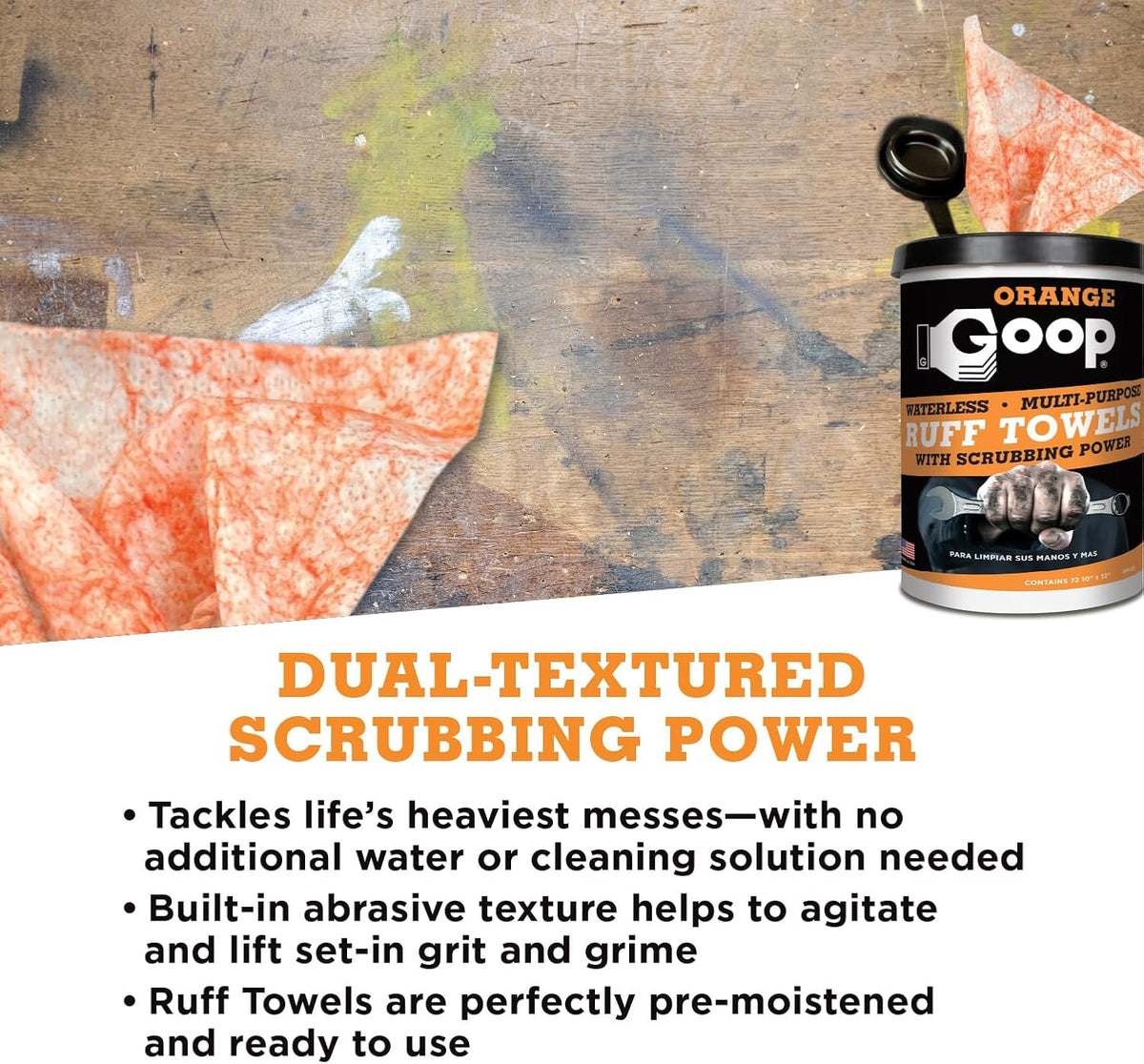 GOOP Orange Heavy Duty Ruff Towels with Scrubbing Power, 10” x 12” Dual Textured Multi-Purpose
