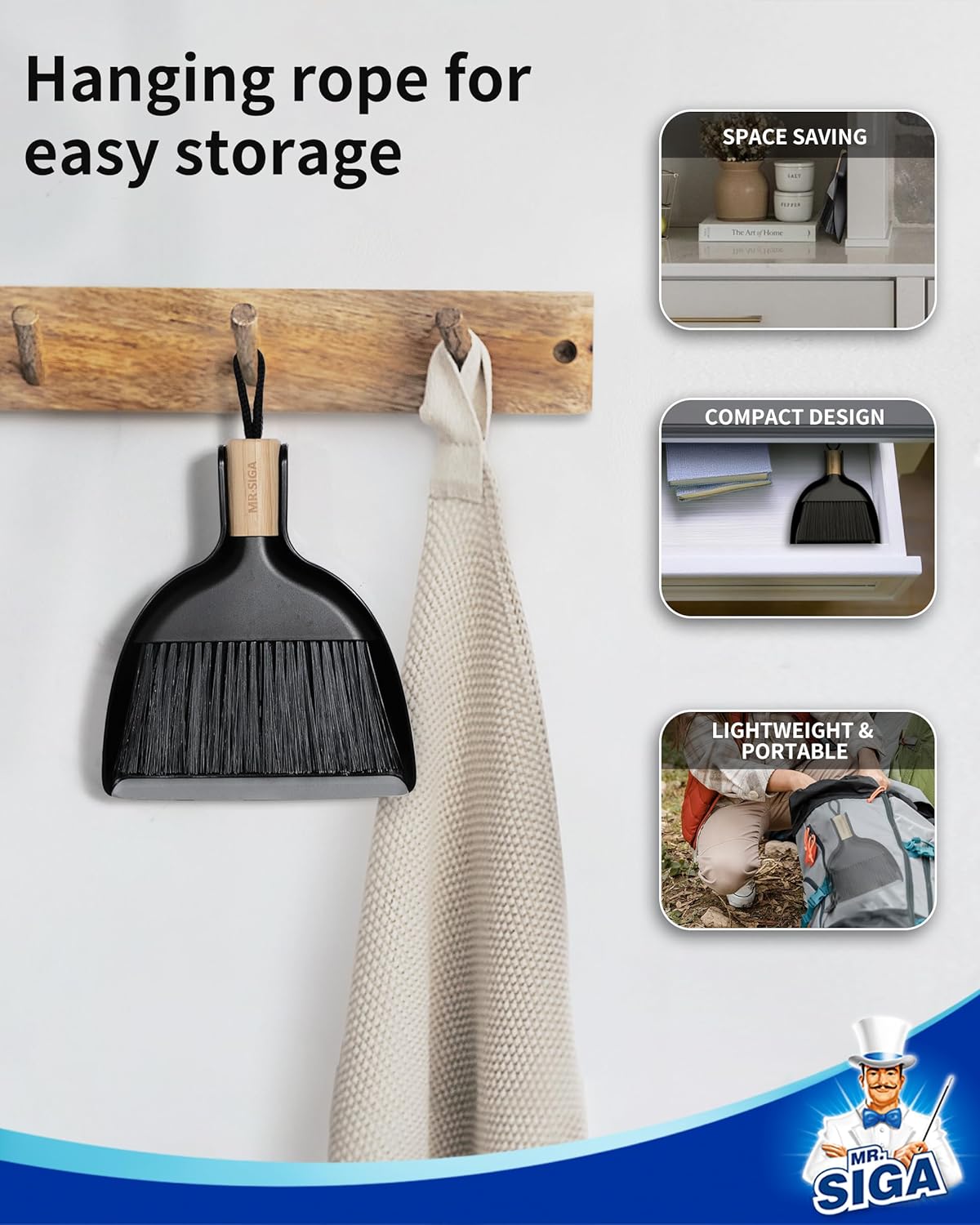 MR.SIGA Mini Dustpan and Brush Set, Portable Cleaning Brush and Dustpan Combo with Bamboo Handle