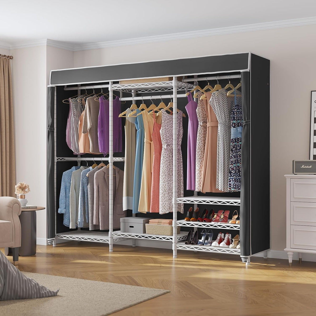 VIPEK V5C Bedroom Armoires Portable Clothes Closet Rack, White Metal Clothing Rack with Black