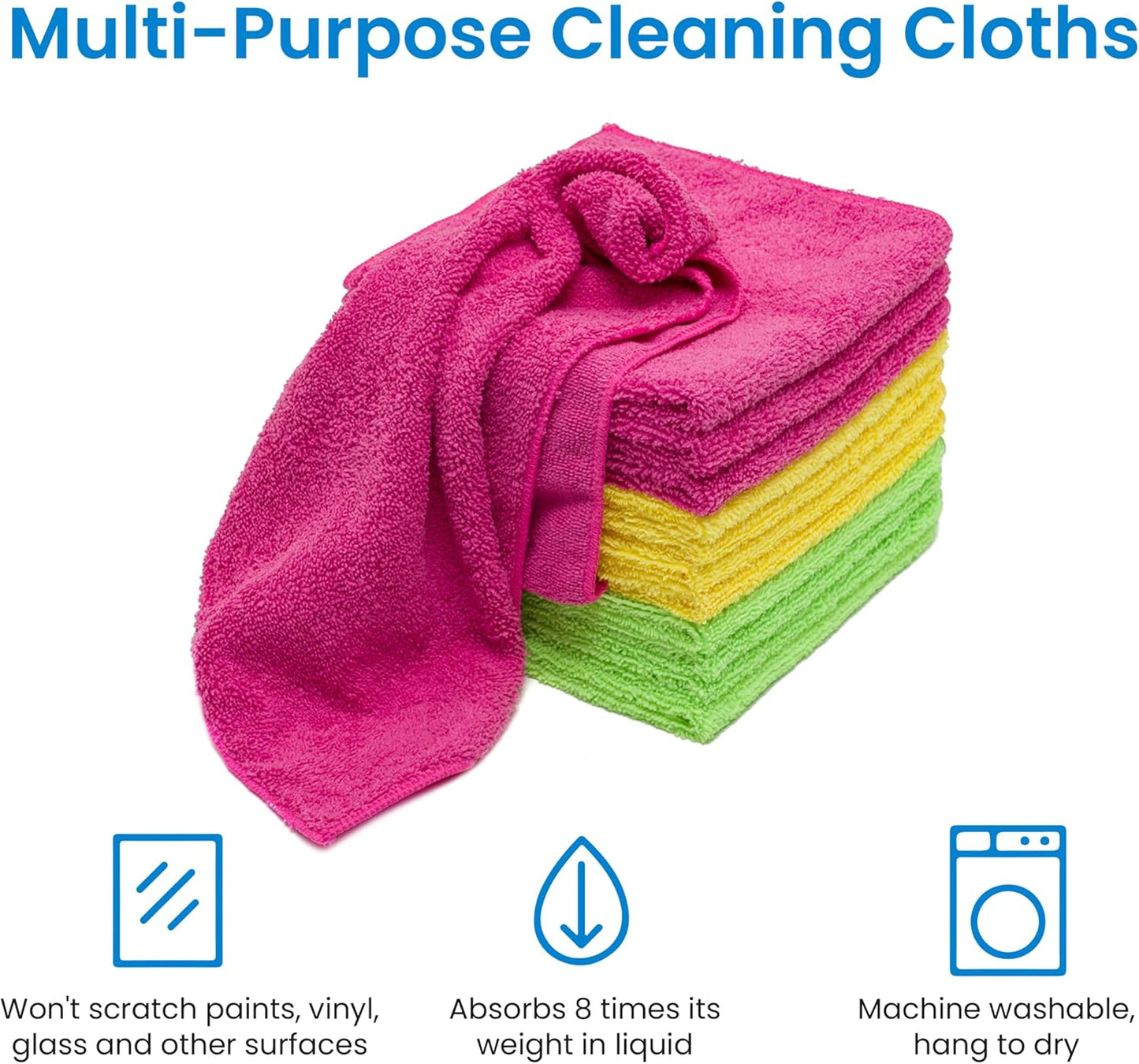 Microfiber Cleaning Cloths - Pack of 12 (16'' x 16'') - Reusable and Washable - All Purpose Towels